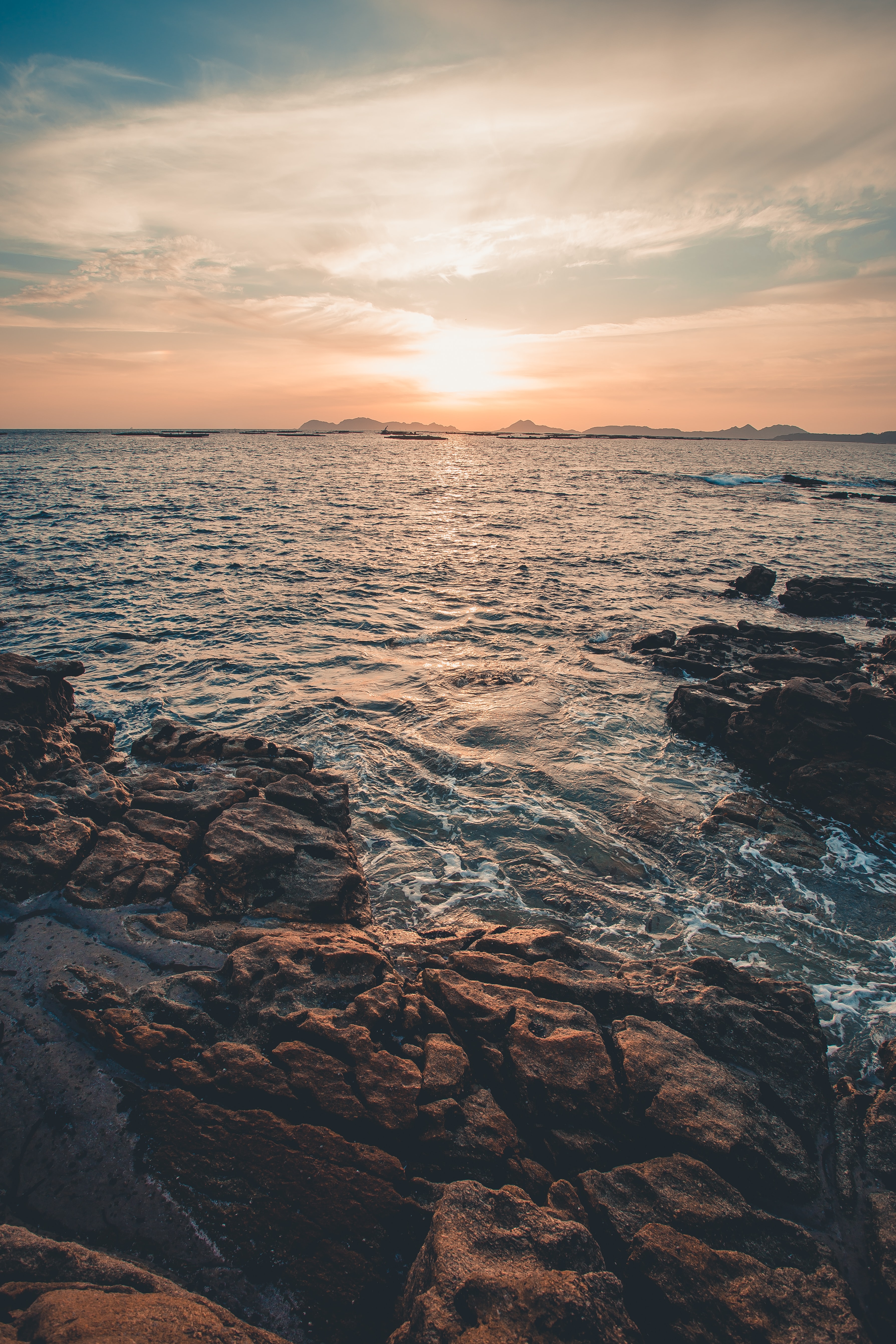 sea, rocks, nature, sun, horizon cellphone