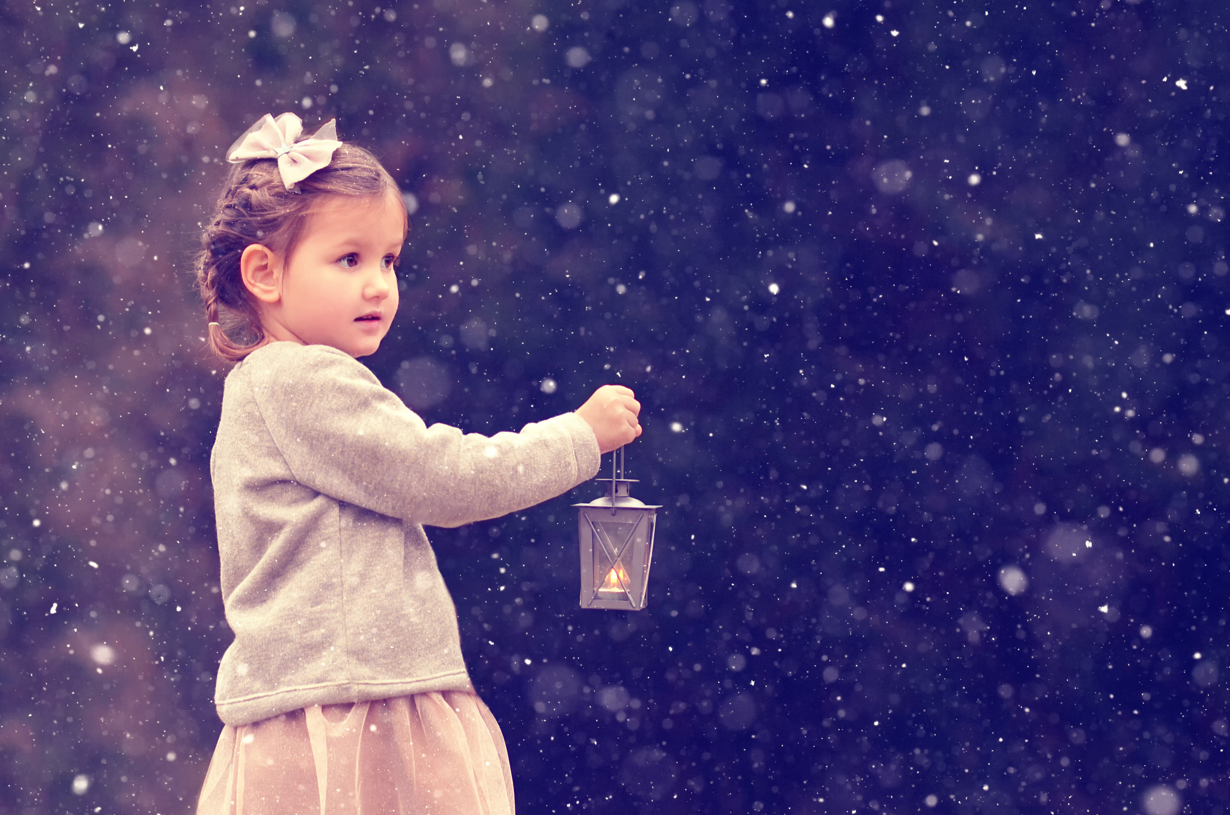 Download mobile wallpaper Snow, Lantern, Child, Cute, Photography for free.