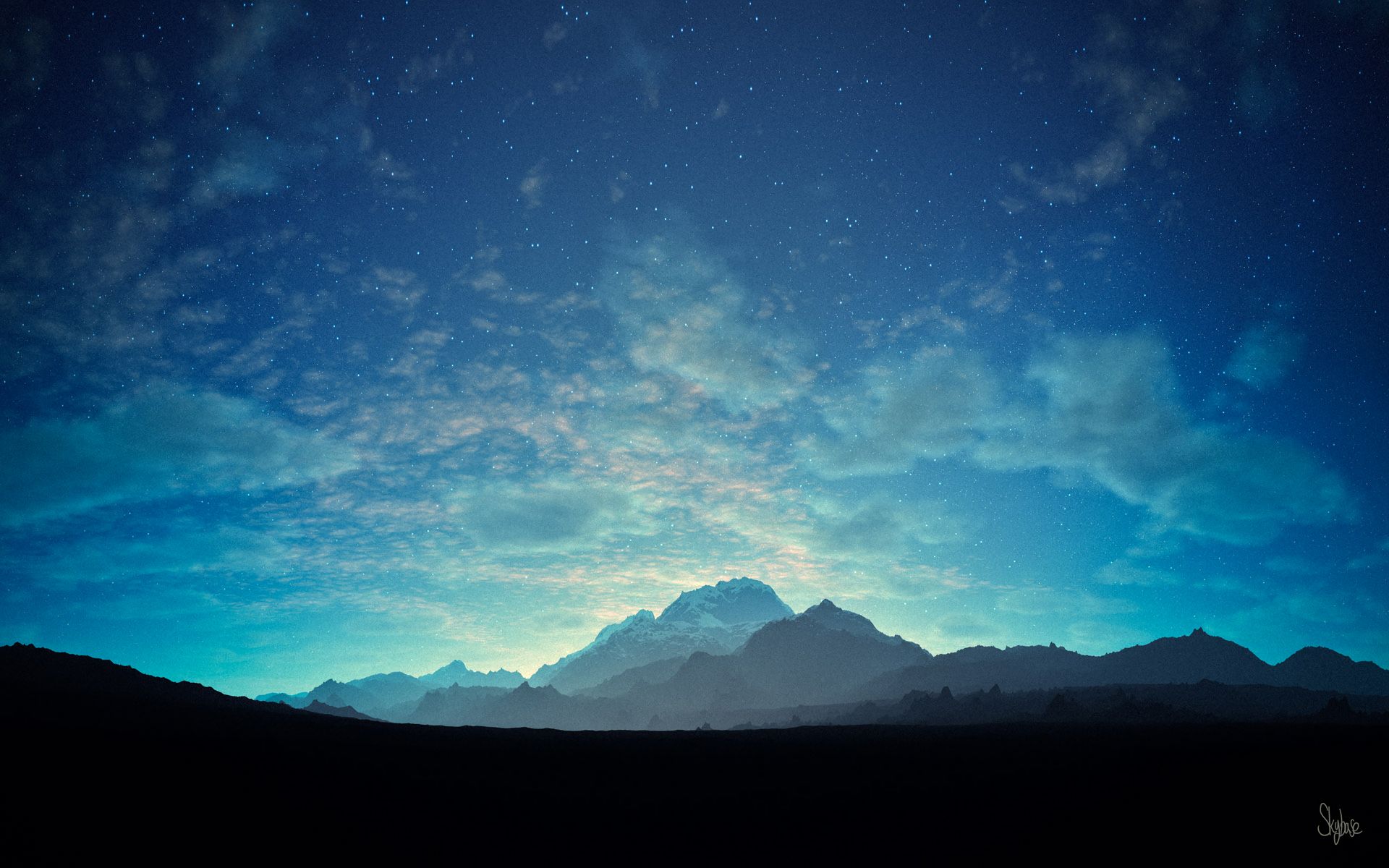 Download mobile wallpaper Landscape, Fantasy, Stars, Night, Mountain, Cloud for free.