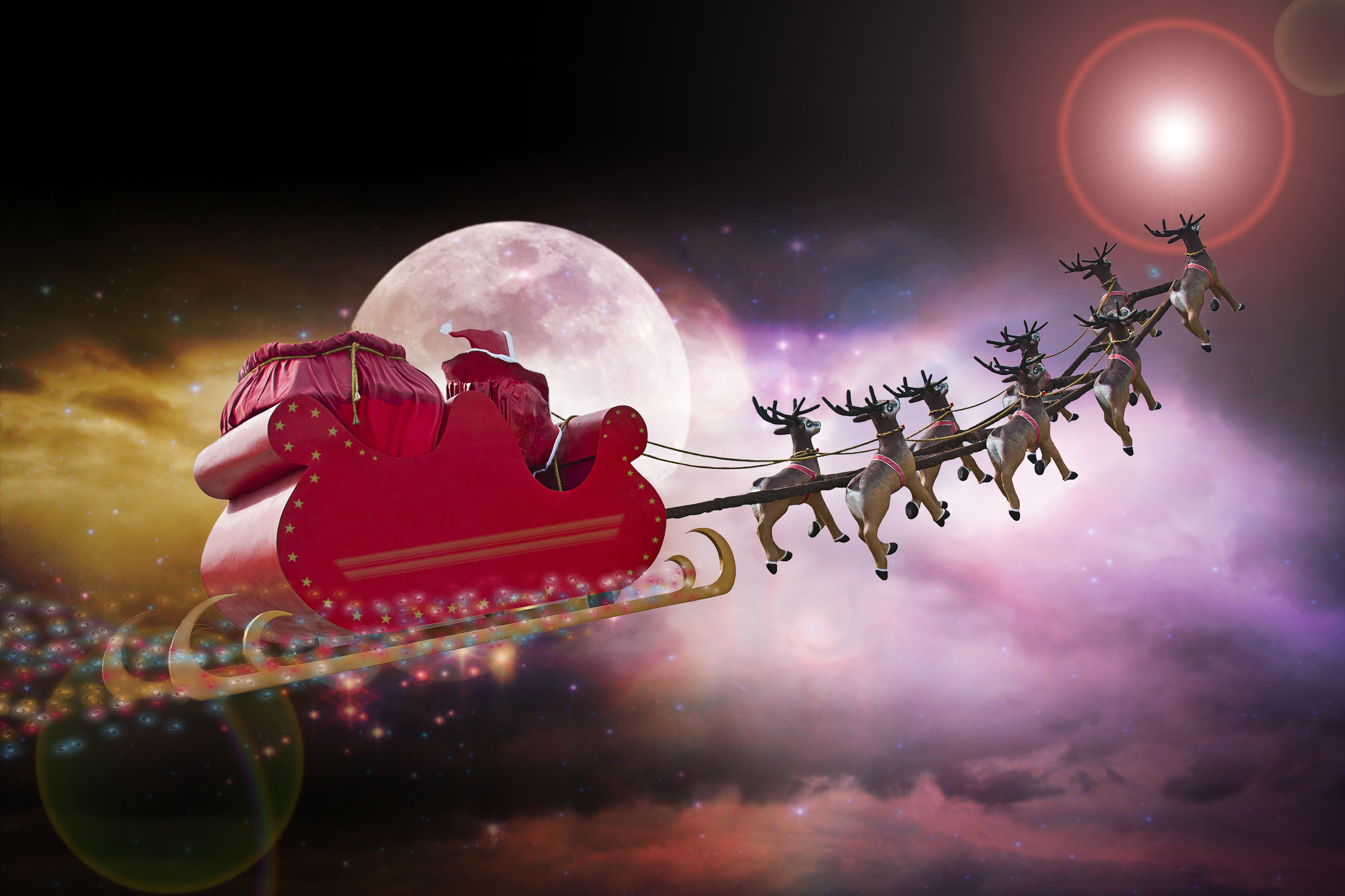 Скачать обои бесплатно Ночь, Луна, Рождество, Сани, Праздничные, Санта, Северный Олень картинка на рабочий стол ПК
