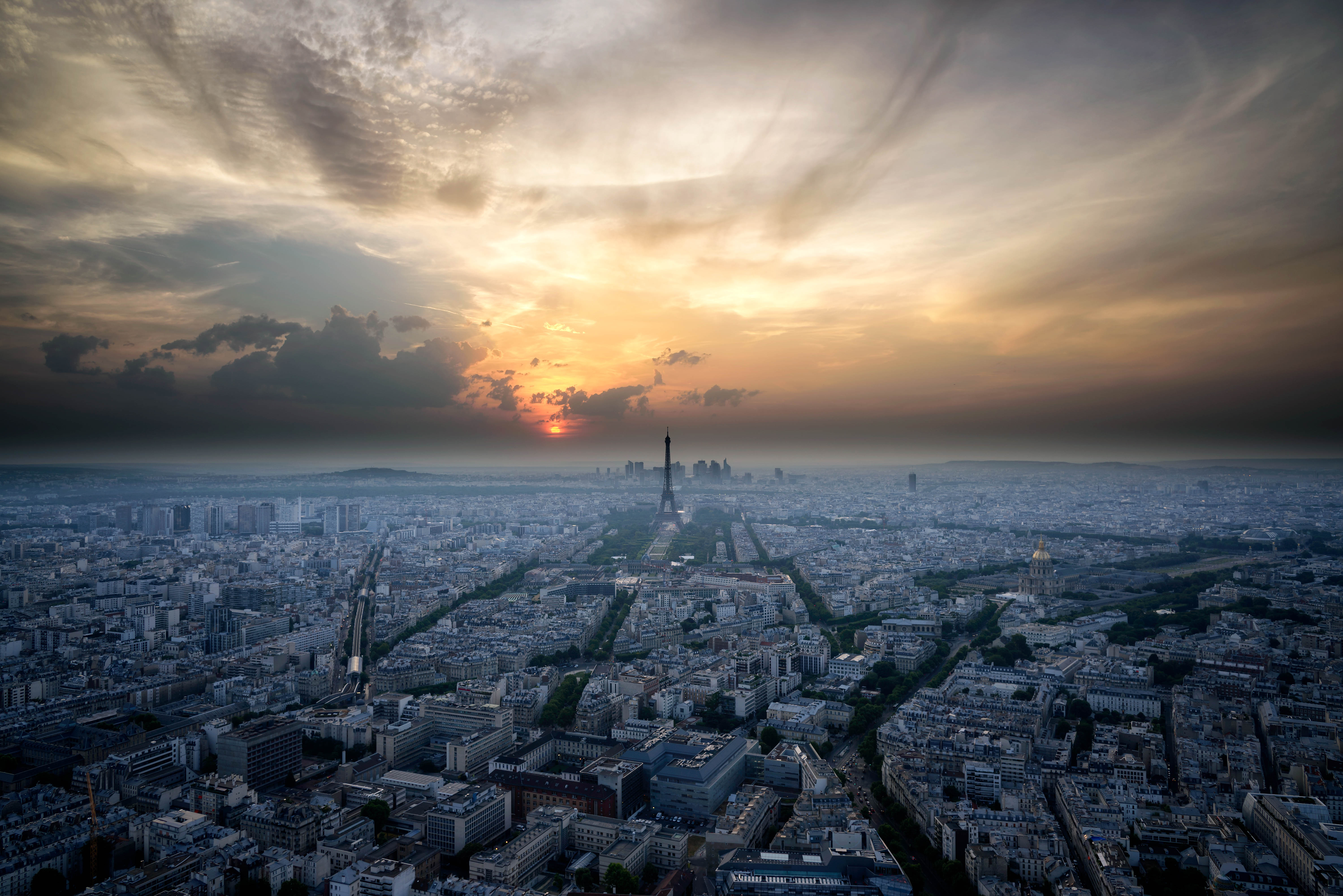 france, cities, sunset, sky, architecture, paris, view from above