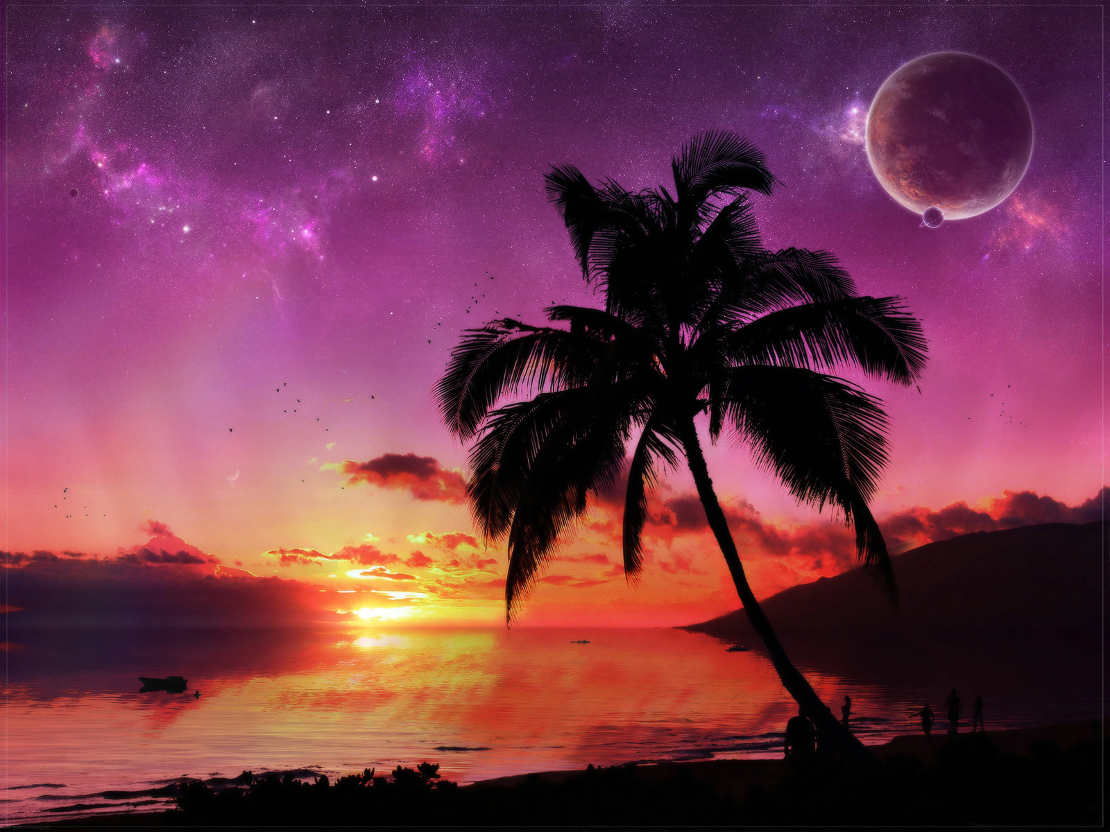 1076898 télécharger le fond d'écran palmier, coucher de soleil, science fiction, lever de soleil, océan, planète, arbre, eau - économiseurs d'écran et images gratuitement