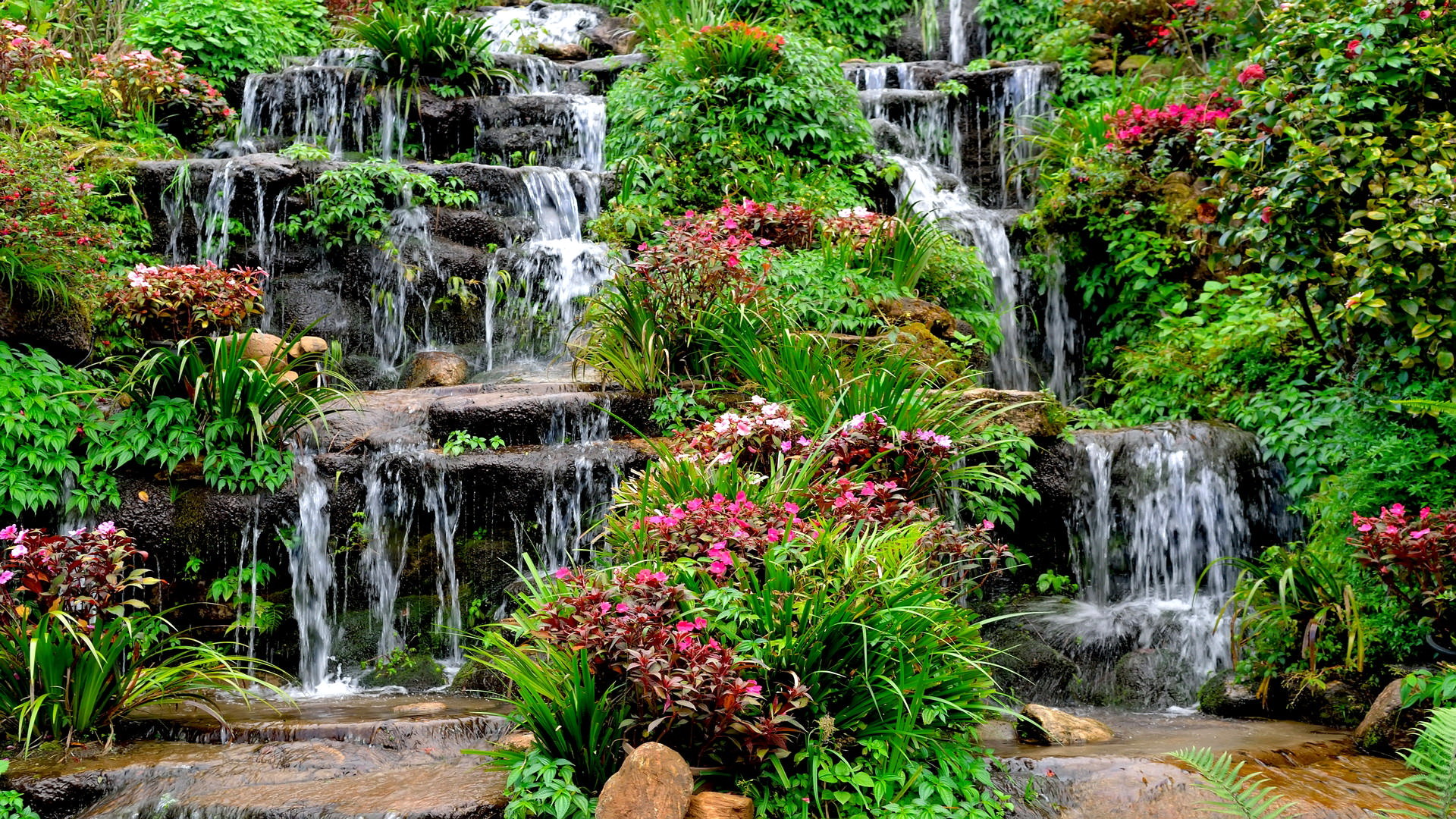 Download mobile wallpaper Waterfall, Garden, Man Made for free.