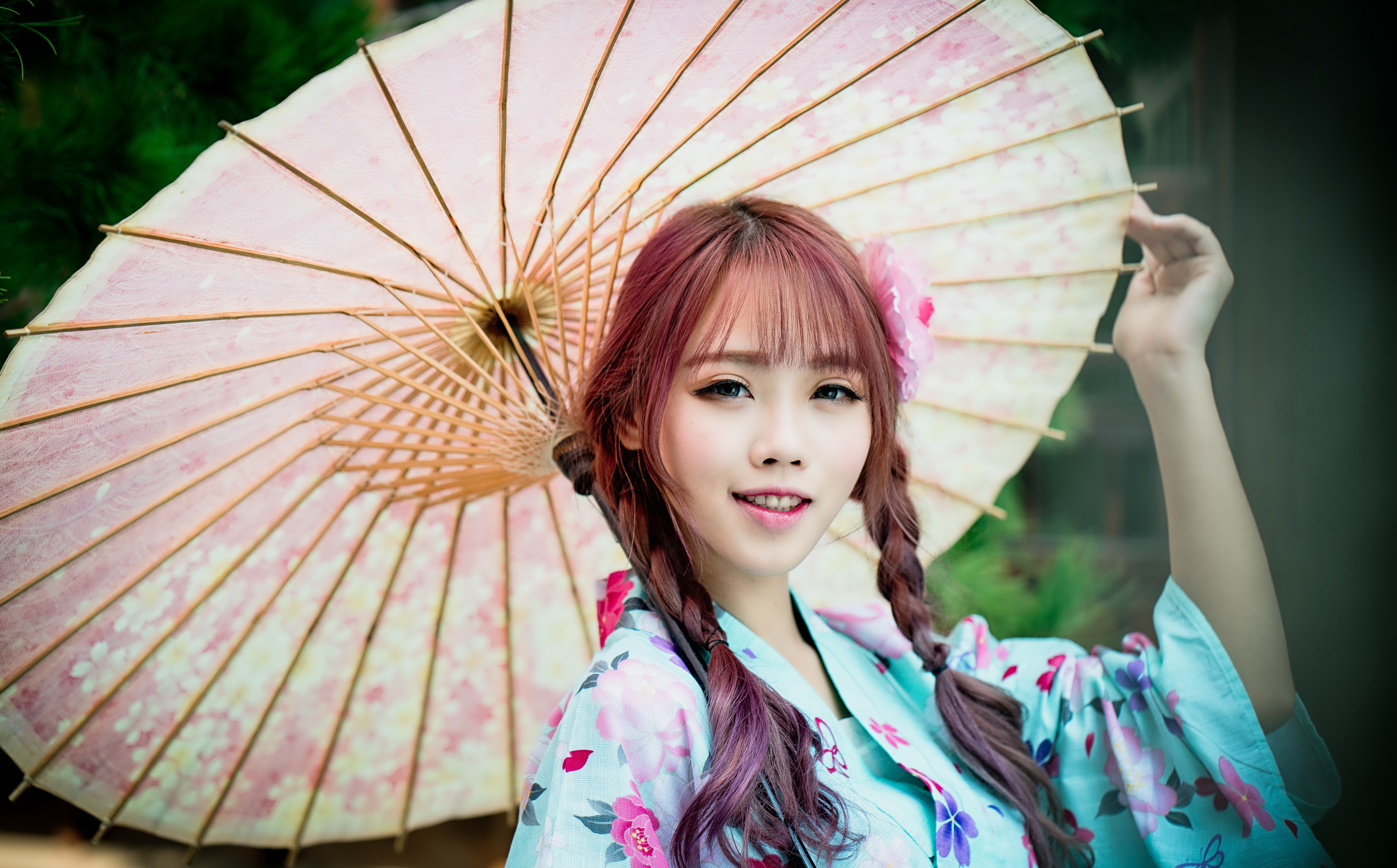 Free download wallpaper Smile, Umbrella, Kimono, Brunette, Oriental, Model, Women, Braid, Asian on your PC desktop