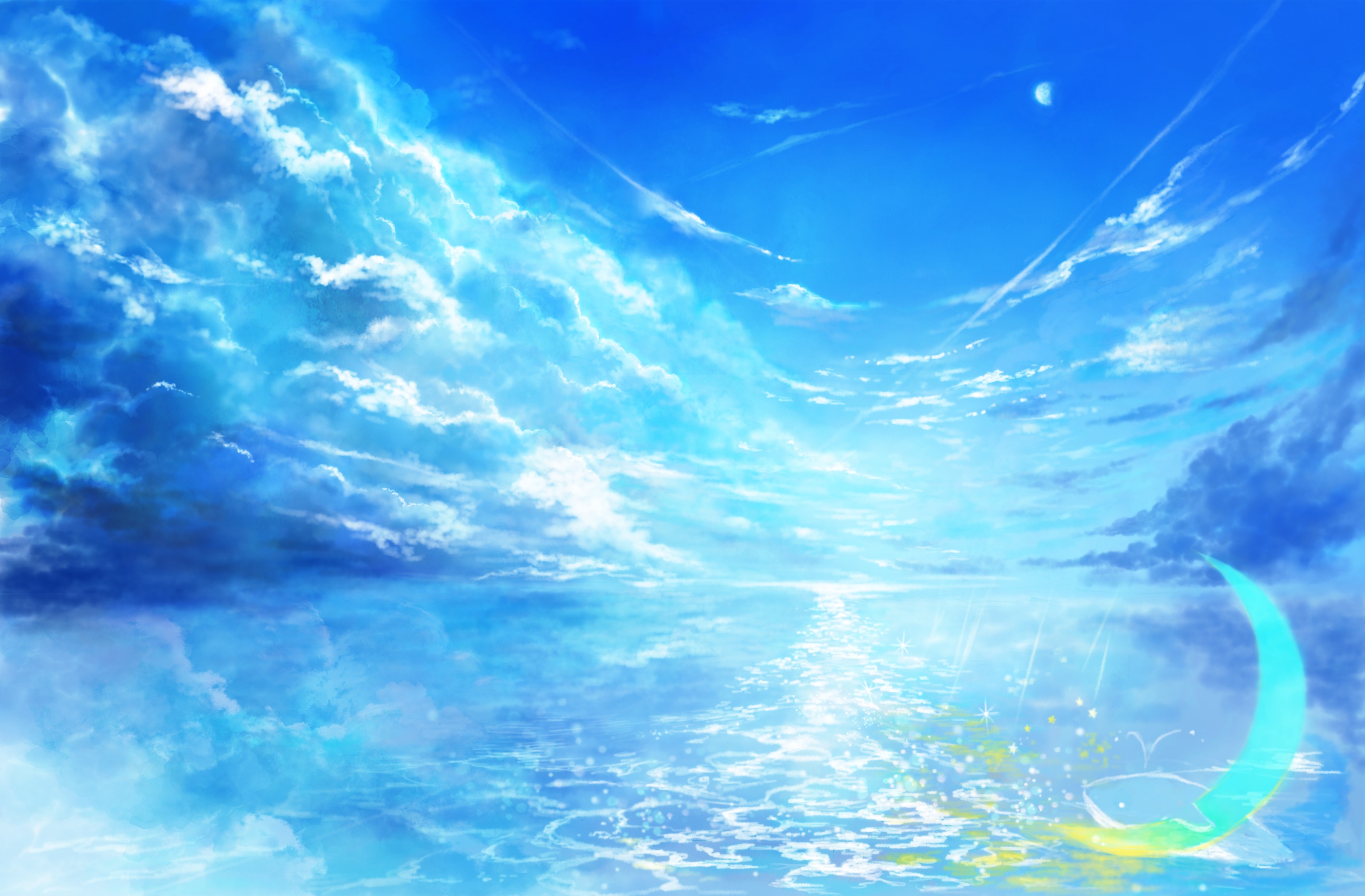 975332 Hintergrundbild herunterladen animes, landschaft, halbmond, horizont, himmel, wasser - Bildschirmschoner und Bilder kostenlos