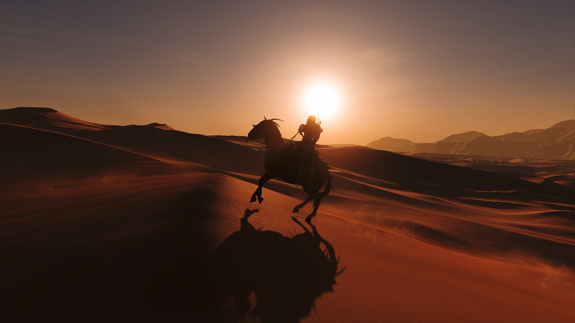 Скачать картинку Закат, Пустыня, Лошадь, Видеоигры, Кредо Ассасина, Assassin's Creed: Истоки, Байек Сива в телефон бесплатно.