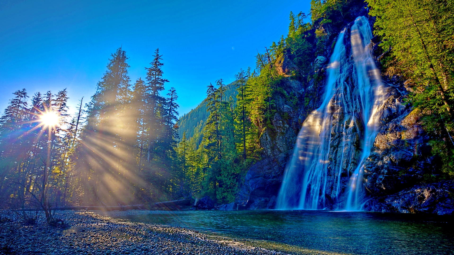 waterfalls, sunrise, sun, sunshine, earth, waterfall