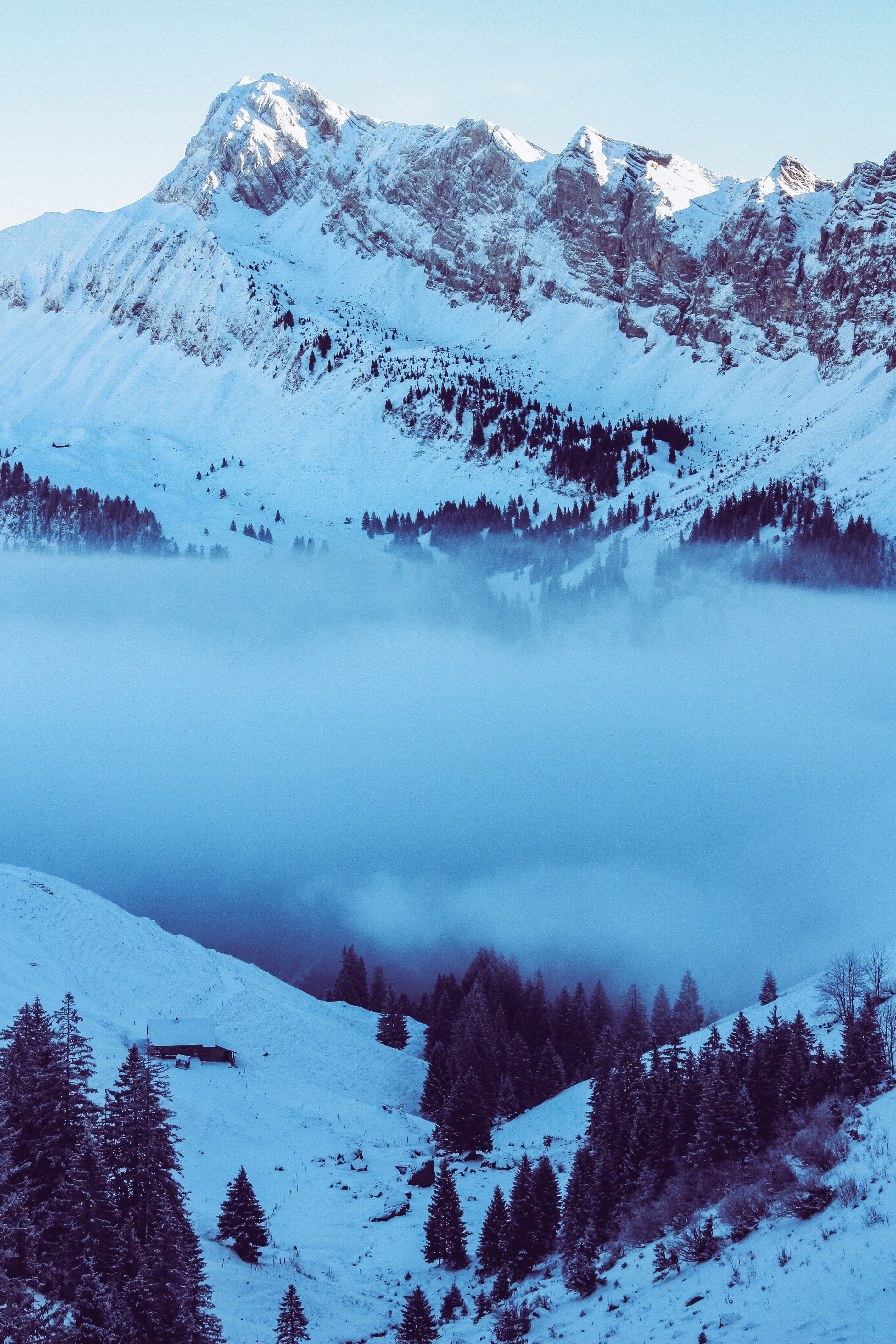 nature, mountains, twilight, snow, vertex, top, fog, dusk, snow covered, snowbound