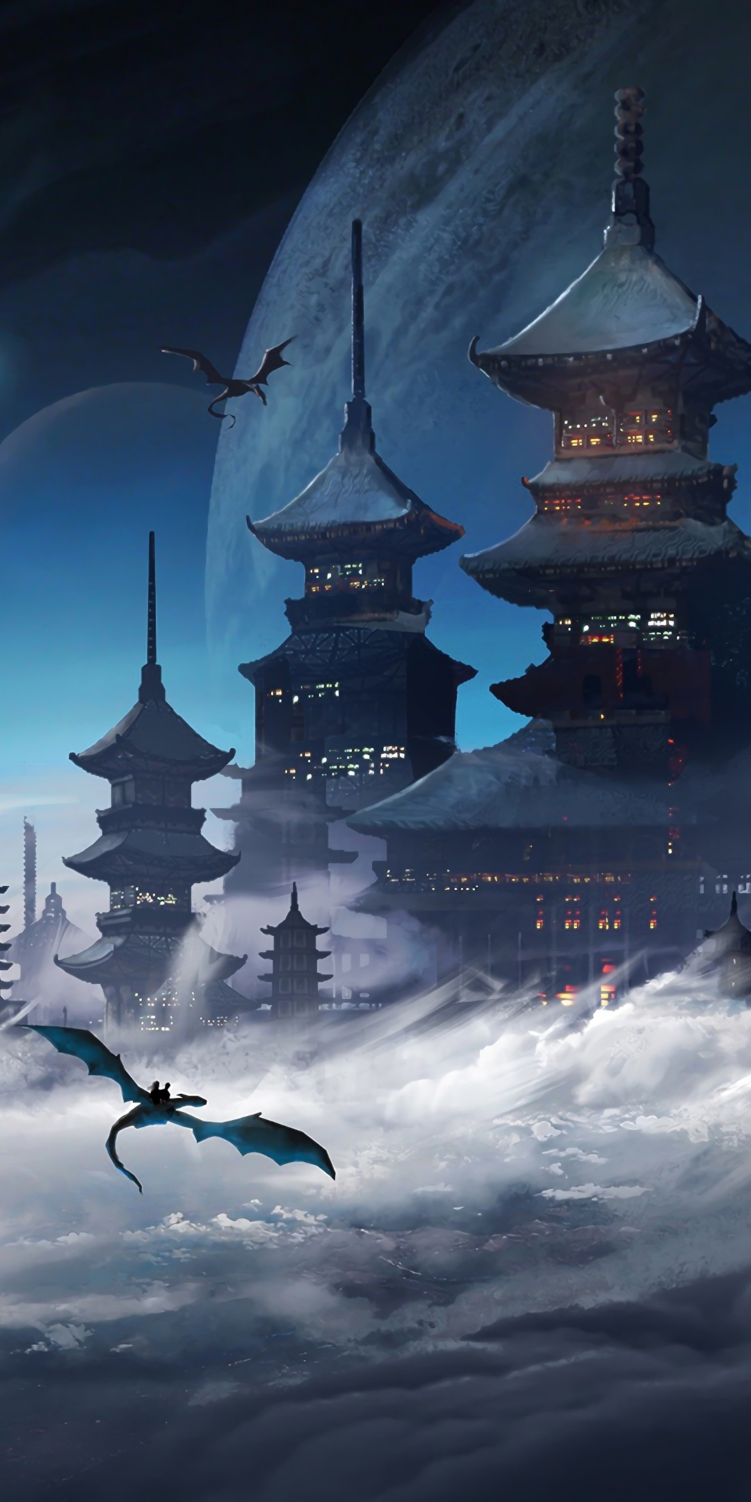 Download mobile wallpaper Fantasy, City, Building, Dragon, Sci Fi, Cloud, Japanese, Castle for free.