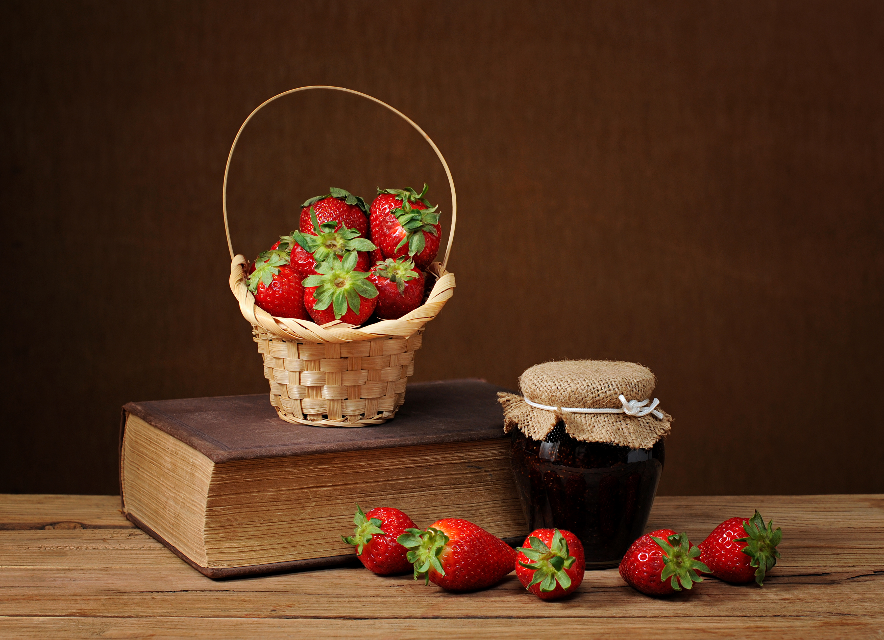 Download mobile wallpaper Fruits, Food, Strawberry, Still Life, Berry, Fruit, Book, Basket, Jam for free.