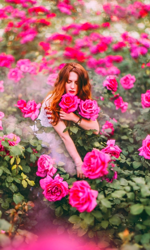 Download mobile wallpaper Flower, Rose, Redhead, Mood, Model, Women, Pink Flower, Lipstick for free.