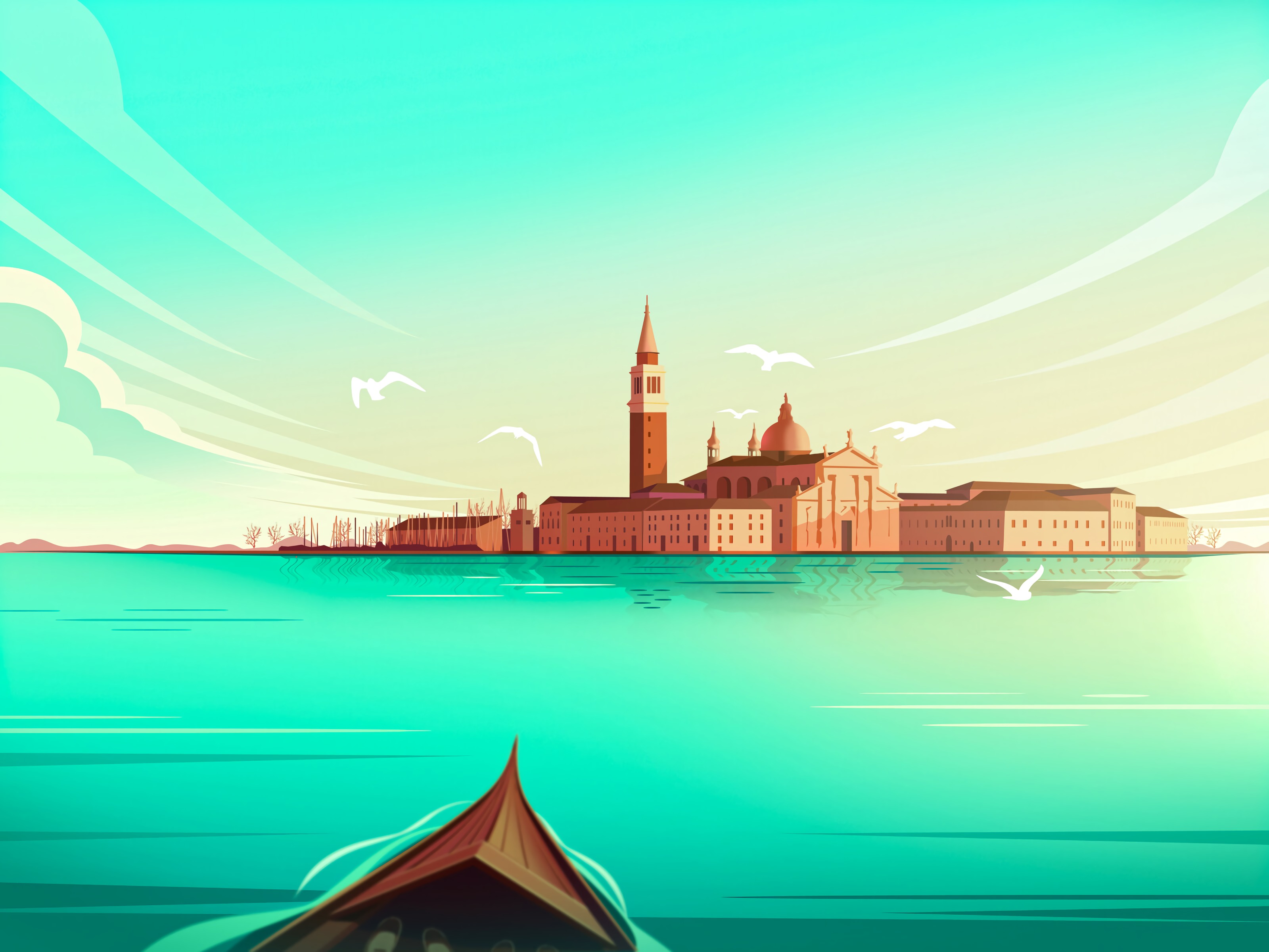Free download wallpaper Water, Building, City, Boat, Art on your PC desktop