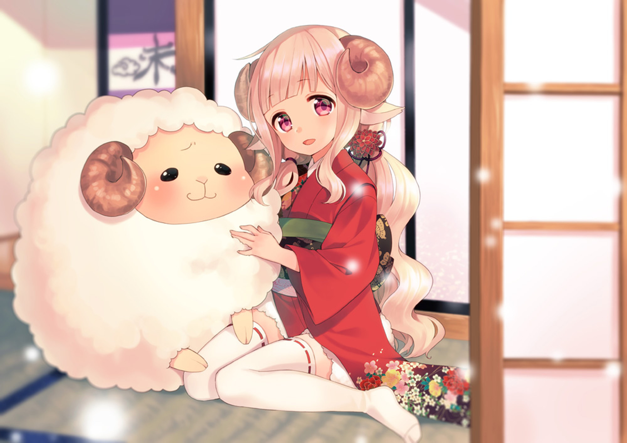 Download mobile wallpaper Anime, Sheep, Original, Pink Hair, Pink Eyes, Yukata for free.