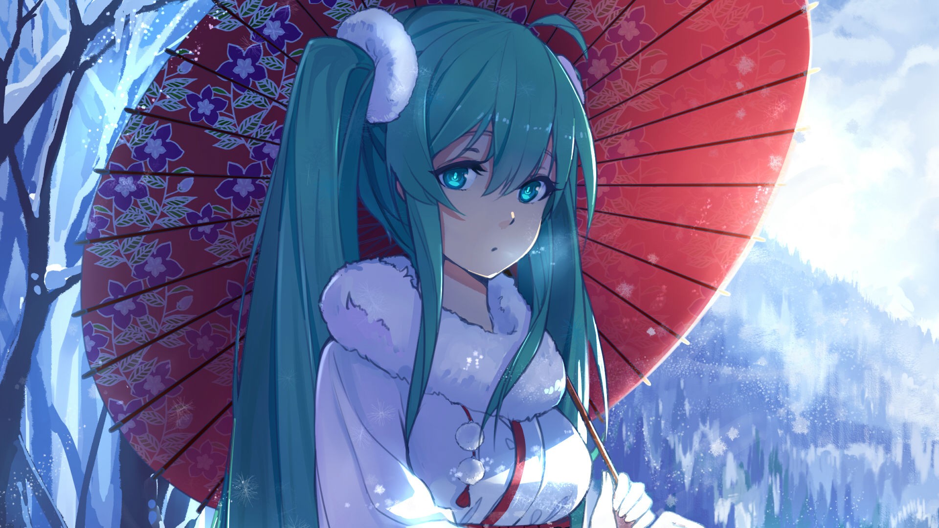Download mobile wallpaper Anime, Snow, Umbrella, Vocaloid, Green Eyes, Hatsune Miku, Long Hair, Twintails for free.