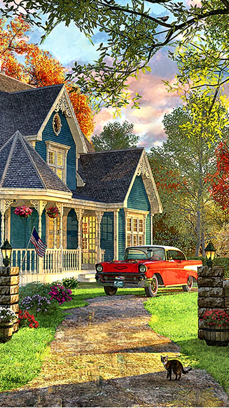 Download mobile wallpaper Flower, Tree, Car, House, Vintage, Retro, Painting, Artistic for free.