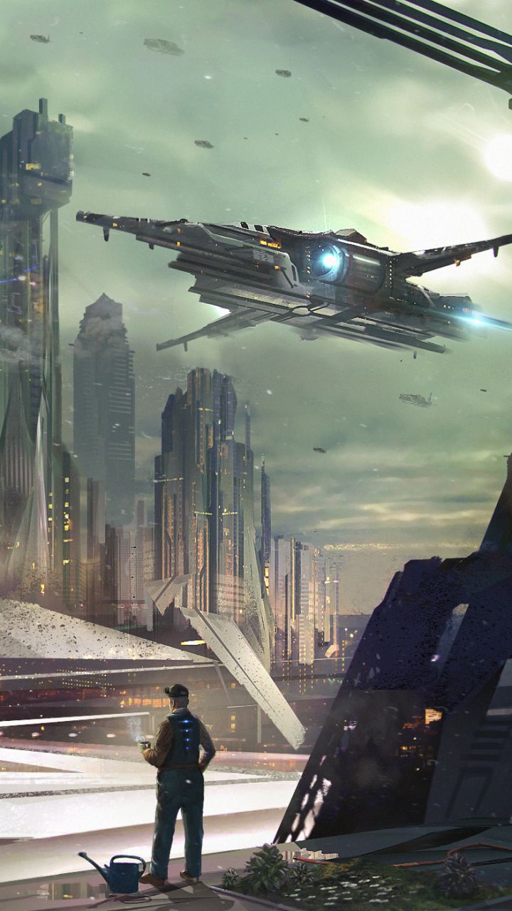 Download mobile wallpaper City, Skyscraper, Building, Sci Fi, Spaceship, Futuristic for free.