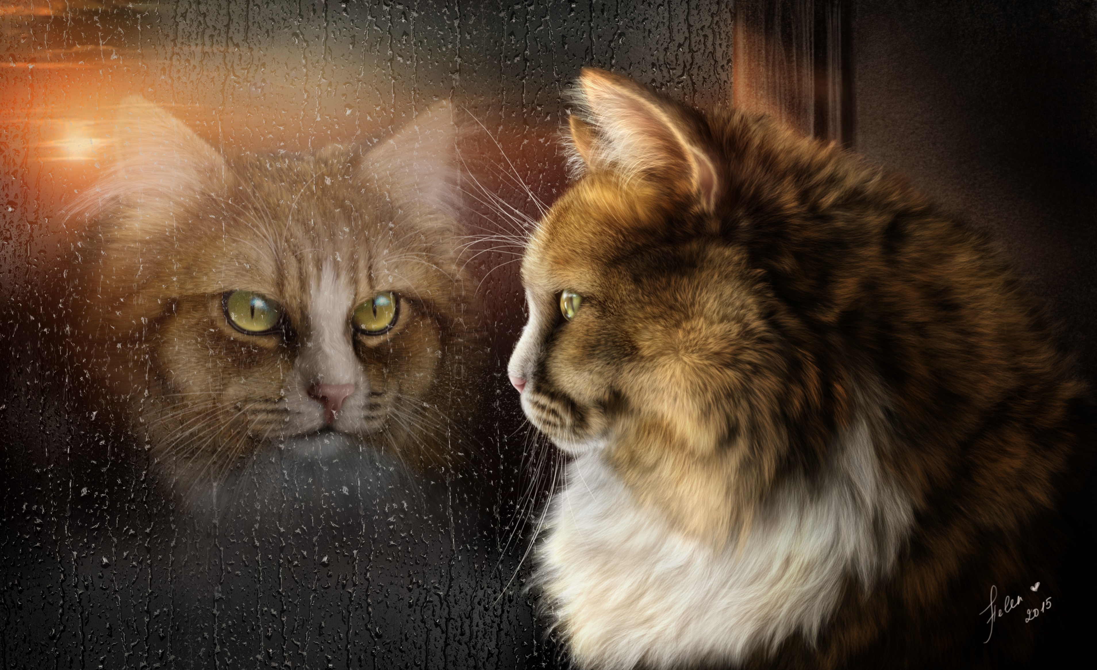 Free download wallpaper Reflection, Cat, Painting, Artistic, Green Eyes, Raindrops on your PC desktop