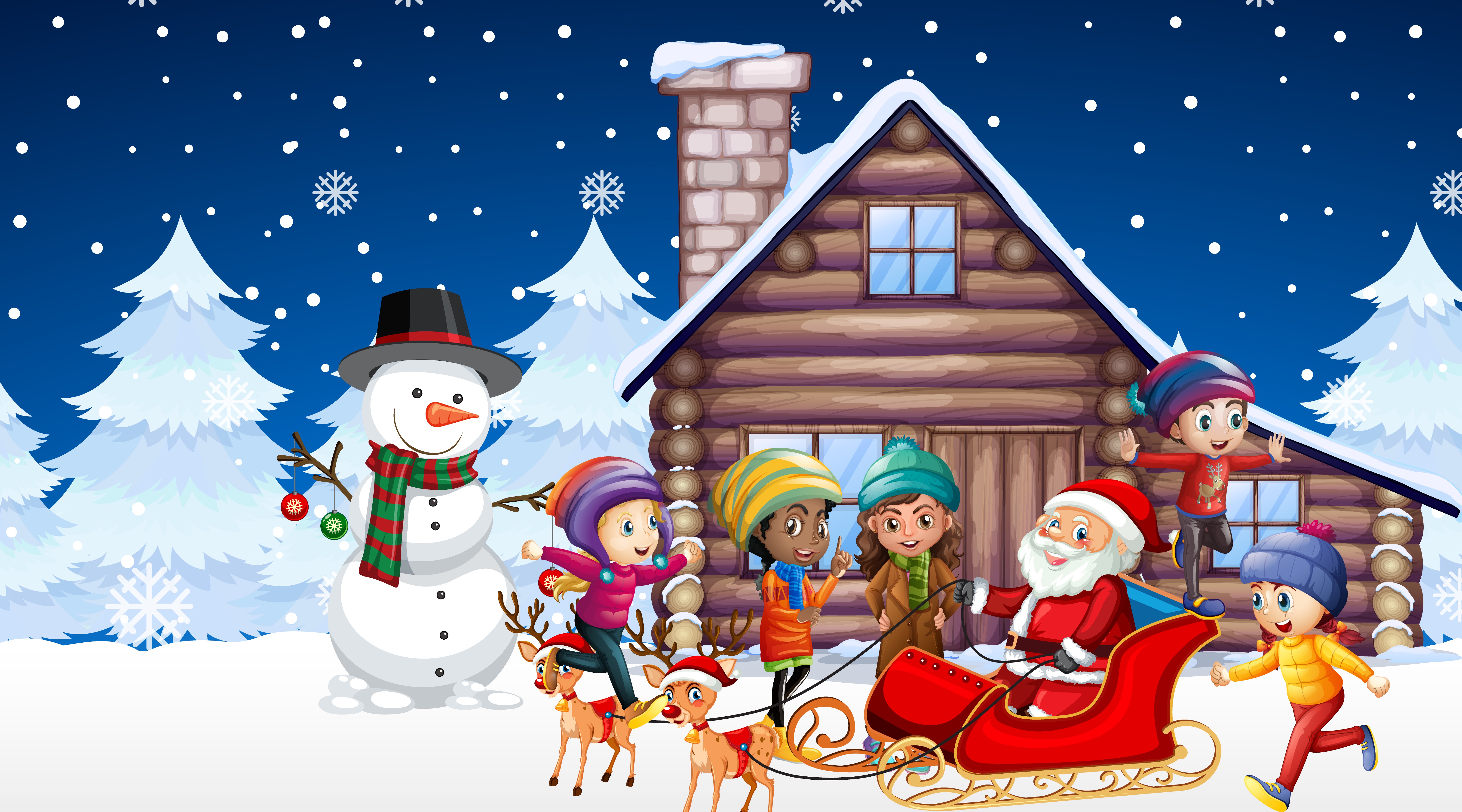 Скачать картинку Рождество, Снеговик, Сани, Ребёнок, Праздничные, Санта в телефон бесплатно.