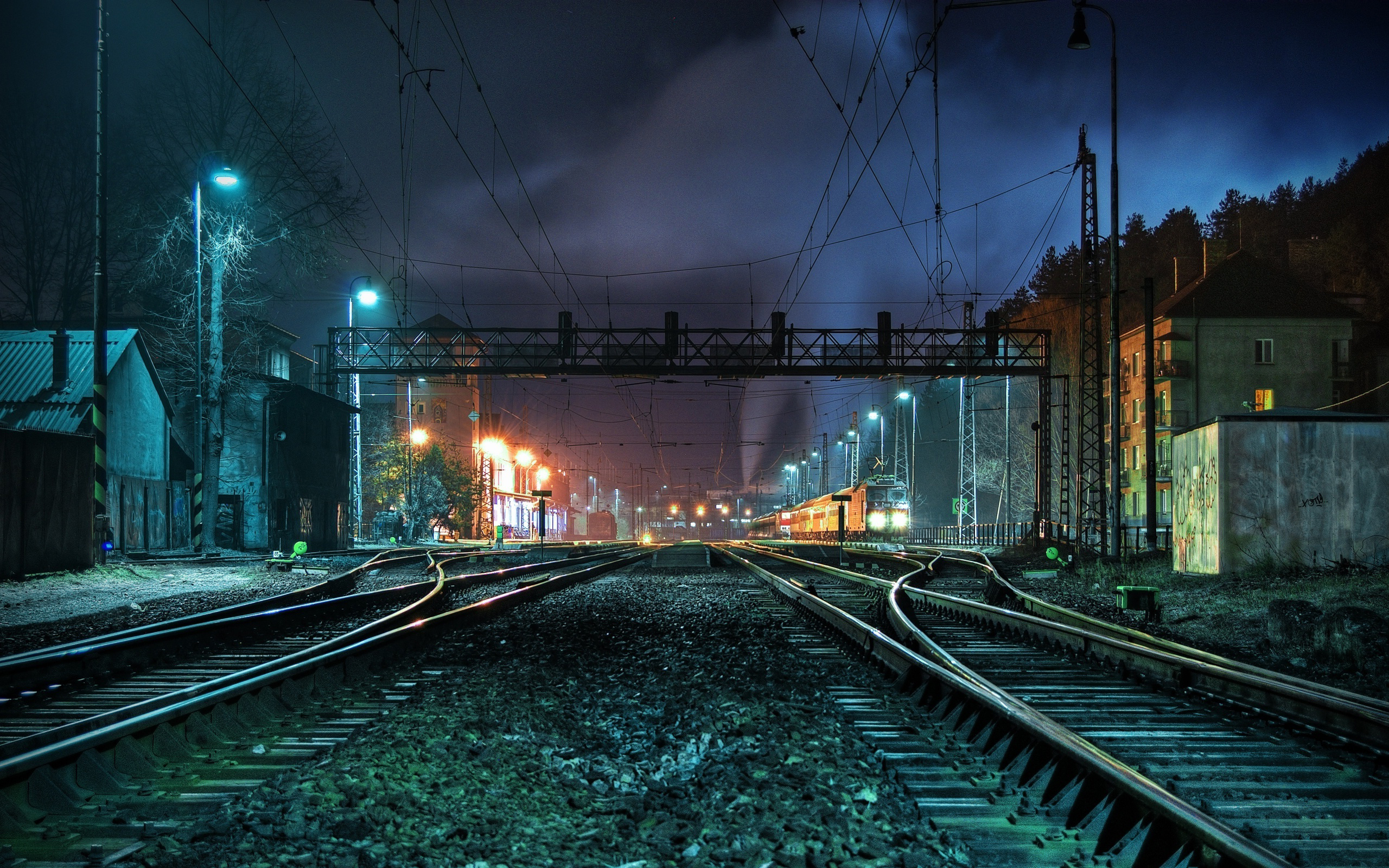trains, landscape, night