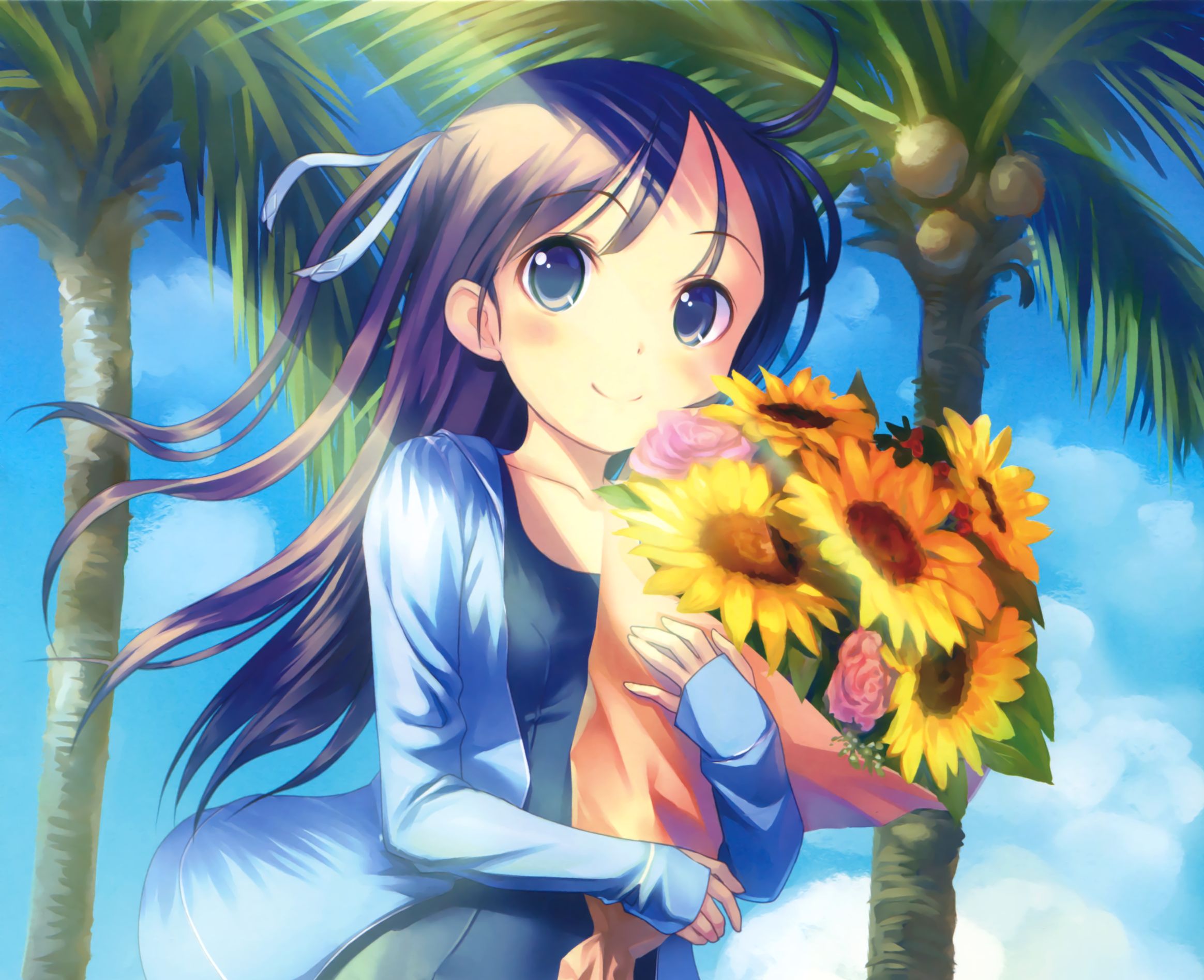 Free download wallpaper Anime, Smile, Sunflower, Original, Swimsuit, Blush, Long Hair, Brown Hair, Palm Tree on your PC desktop