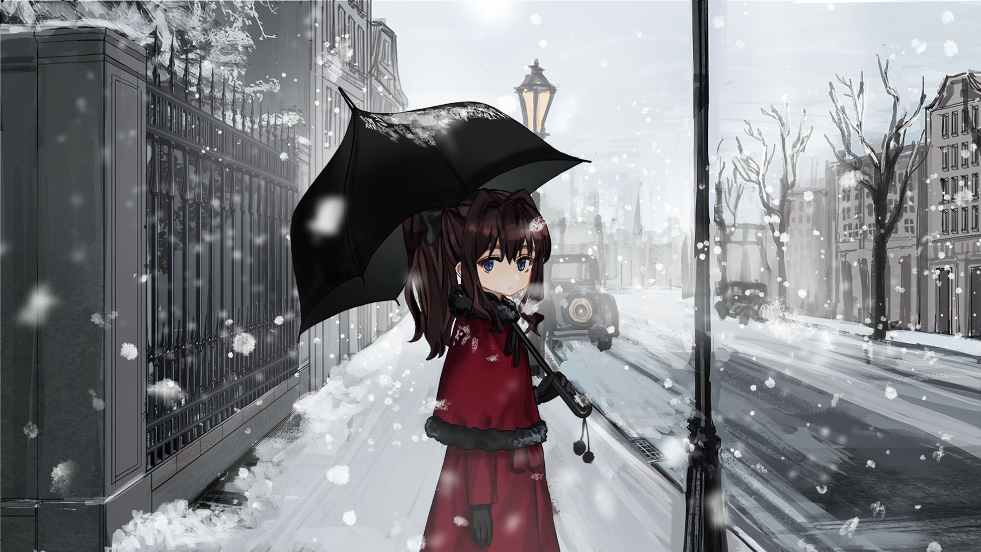 Laden Sie das Schnee, Regenschirm, Blaue Augen, Original, Animes, Lange Haare, Braune Haare, Schleife (Kleidung), Pferdeschwanz-Bild kostenlos auf Ihren PC-Desktop herunter