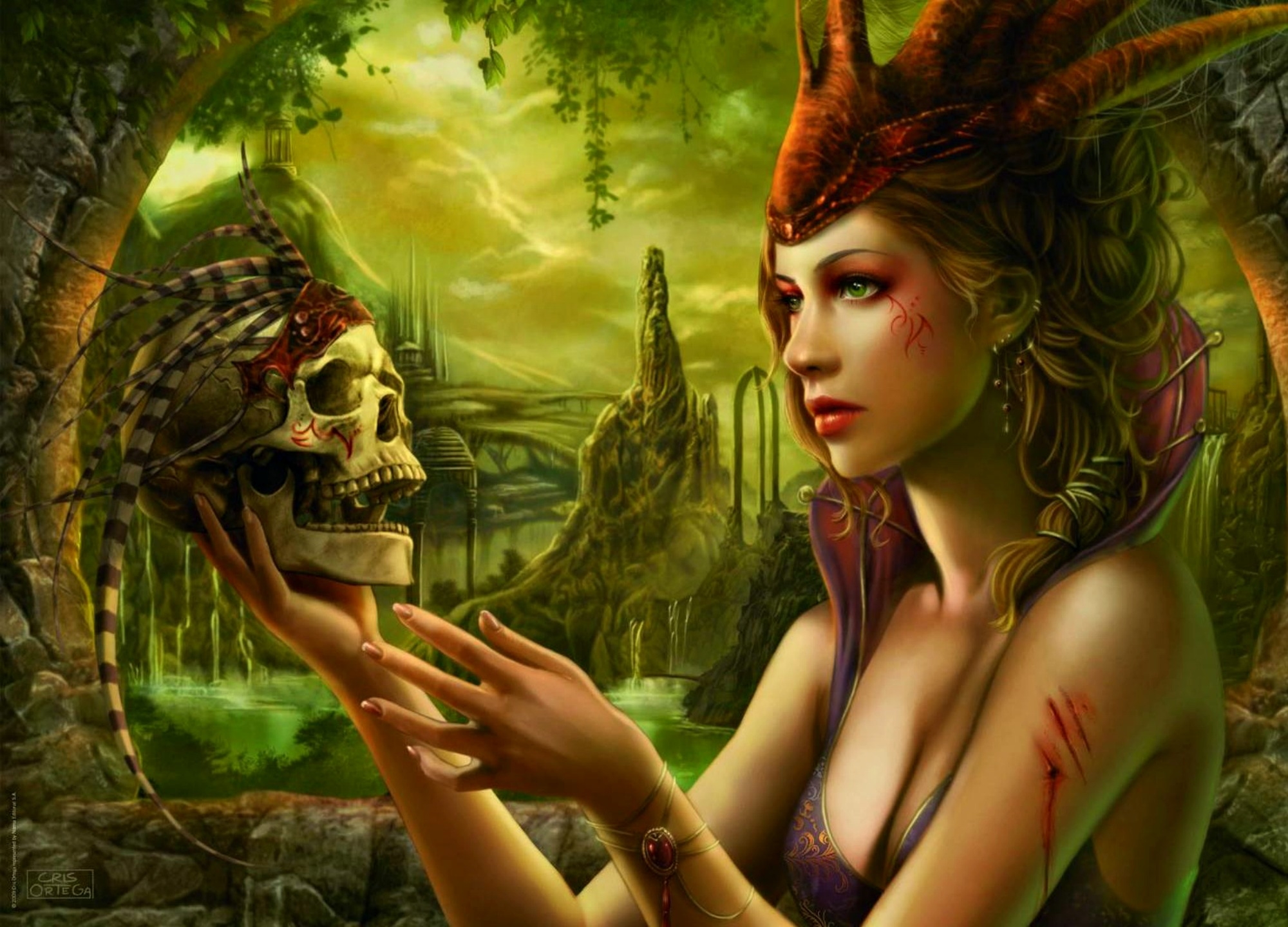 Download mobile wallpaper Fantasy, Skull, Women, Green Eyes for free.