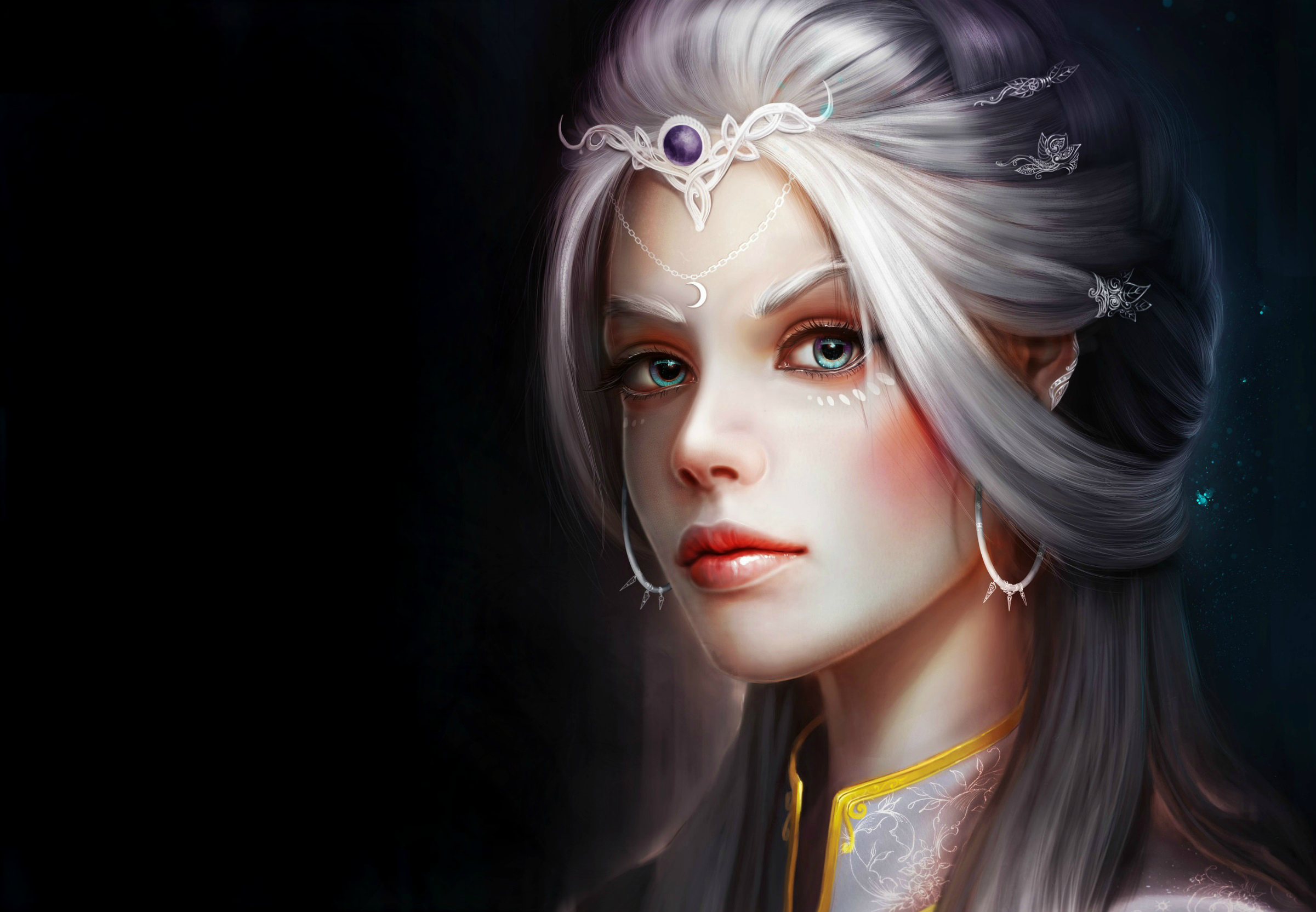 Download mobile wallpaper Fantasy, Face, Women, Blue Eyes, White Hair for free.