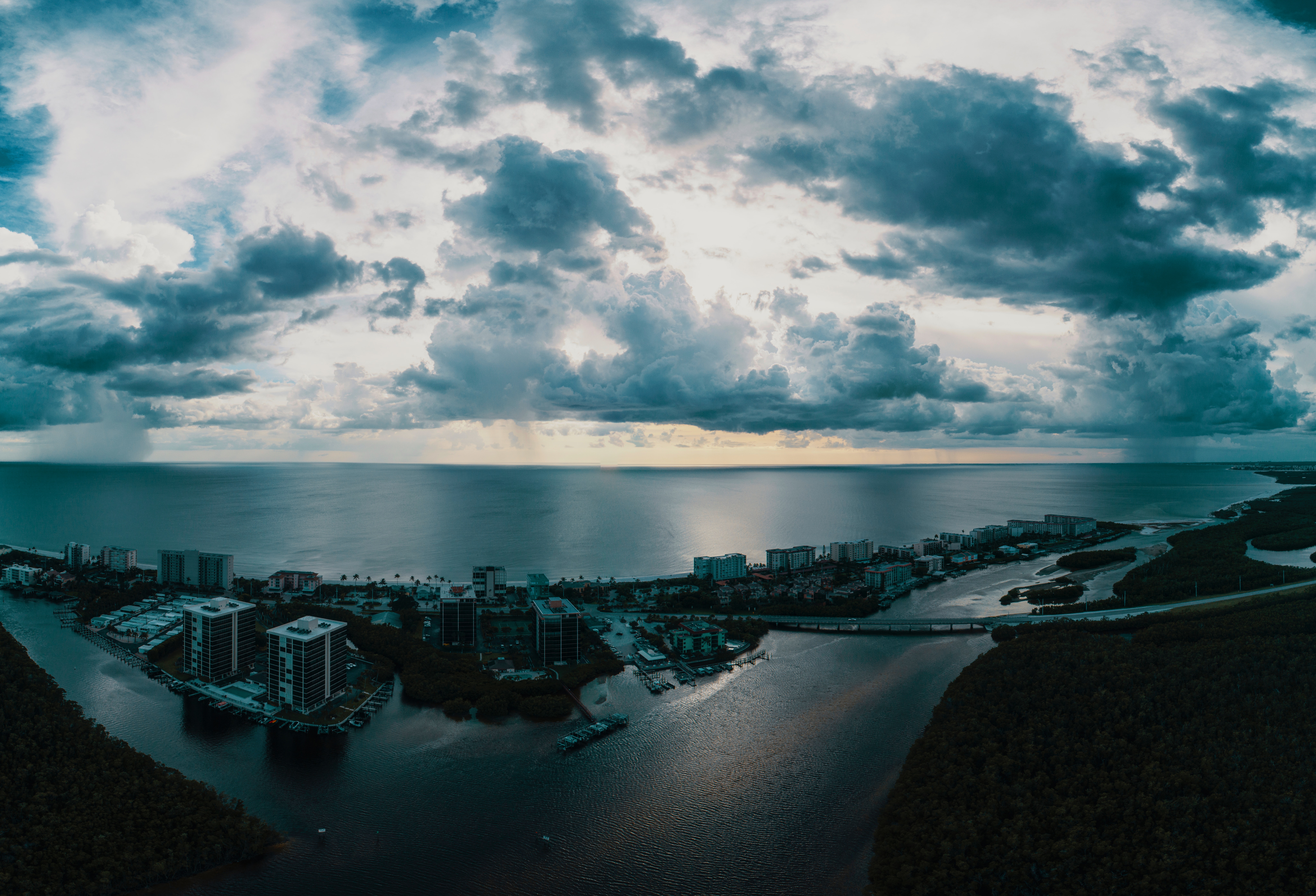 Free download wallpaper View From Above, Dusk, Cities, Twilight, Clouds, City, Island, Sea, Ocean on your PC desktop