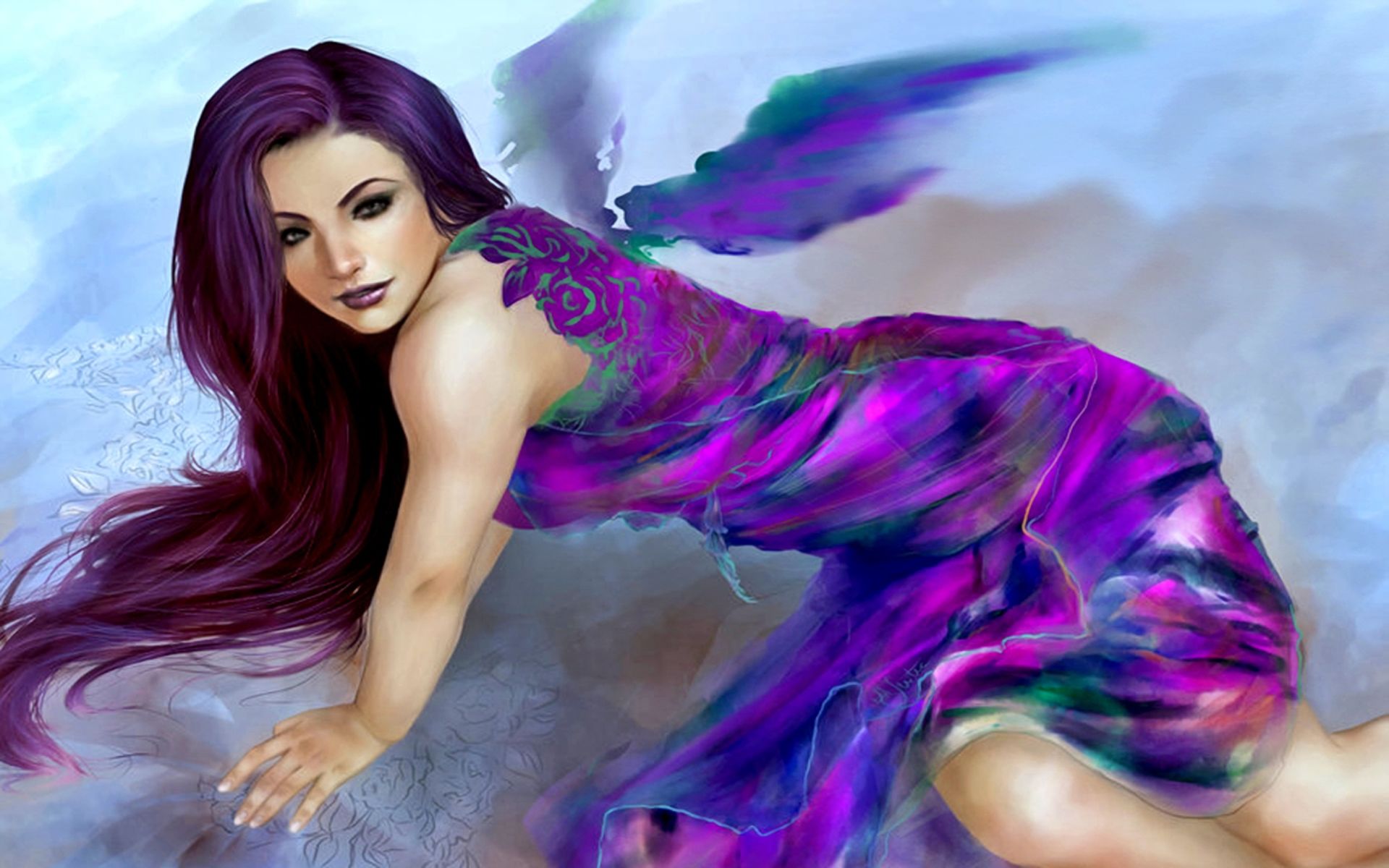 無料モバイル壁紙ファンタジー, 天使, 紫の, 翼, 長い髪, 紫髪をダウンロードします。