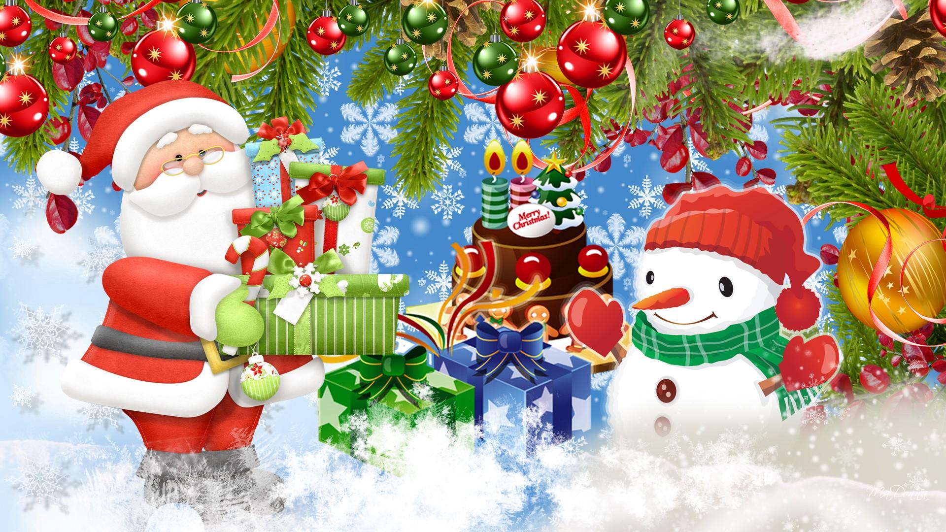 Download mobile wallpaper Snow, Snowman, Christmas, Holiday, Gift, Decoration, Candle, Santa, Bauble for free.