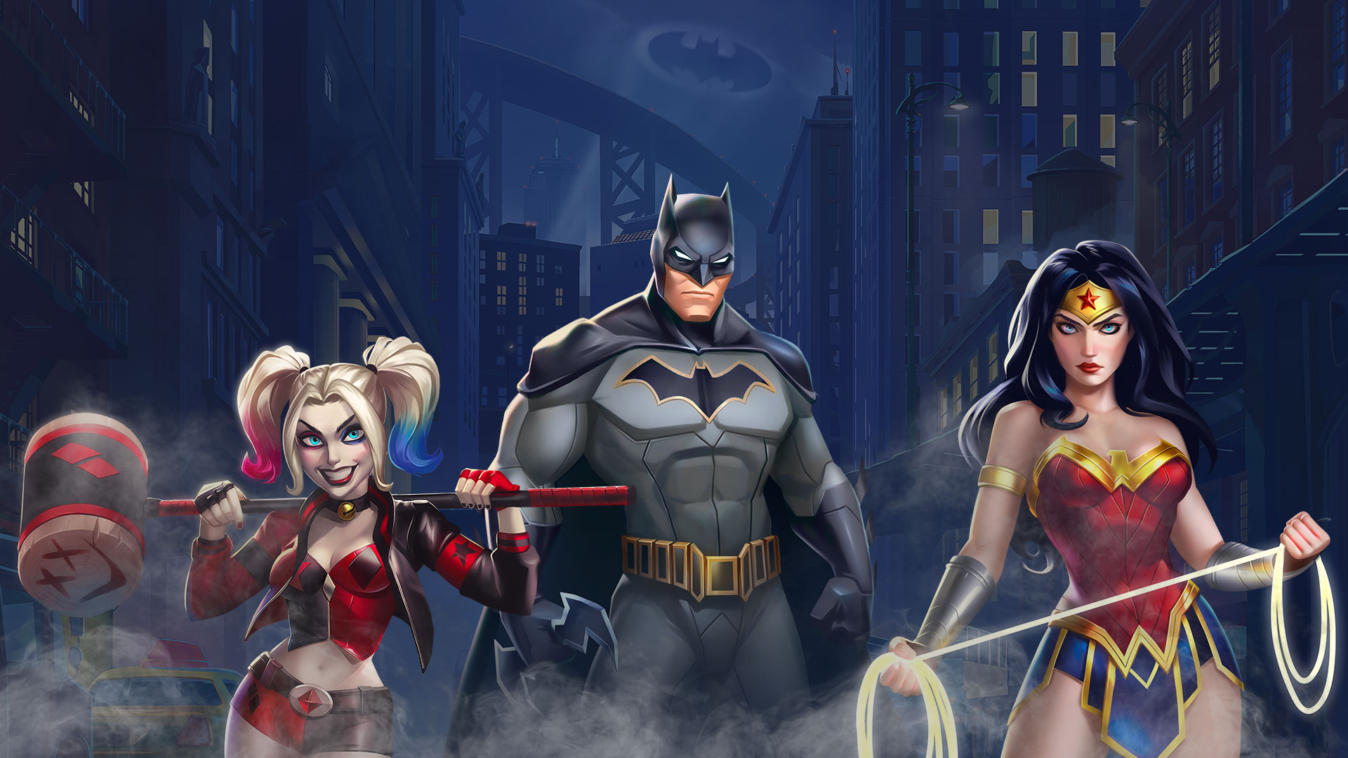 Descarga gratuita de fondo de pantalla para móvil de Videojuego, Harley Quinn, Dc Comics, Hombre Murciélago, La Mujer Maravilla, Héroes Y Villanos De Dc.