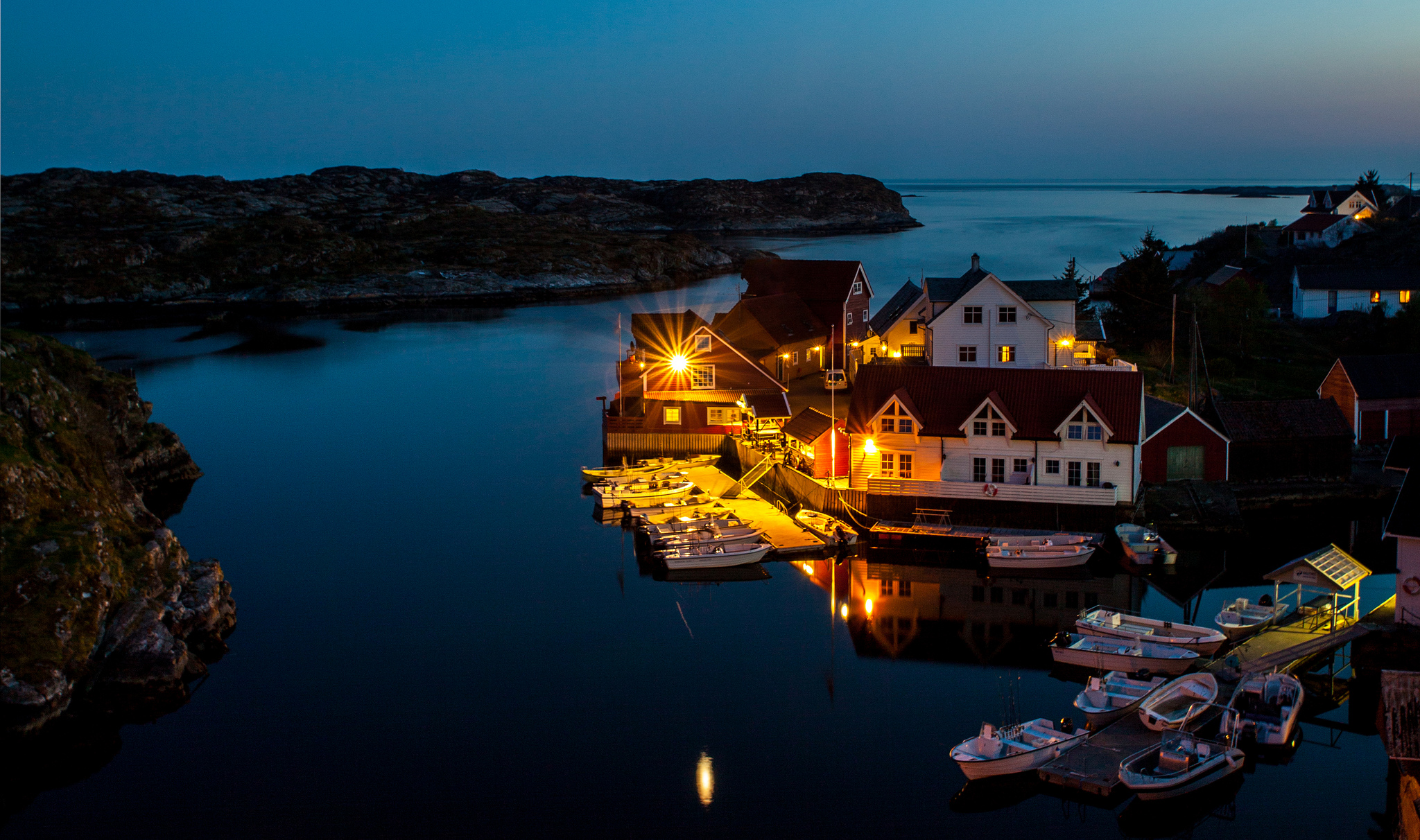 Free download wallpaper Night, Coast, House, Village, Boat, Town, Man Made, Towns on your PC desktop