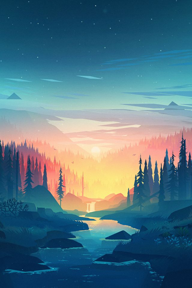 Download mobile wallpaper Landscape, Nature, Sunset, Forest, Artistic, River for free.