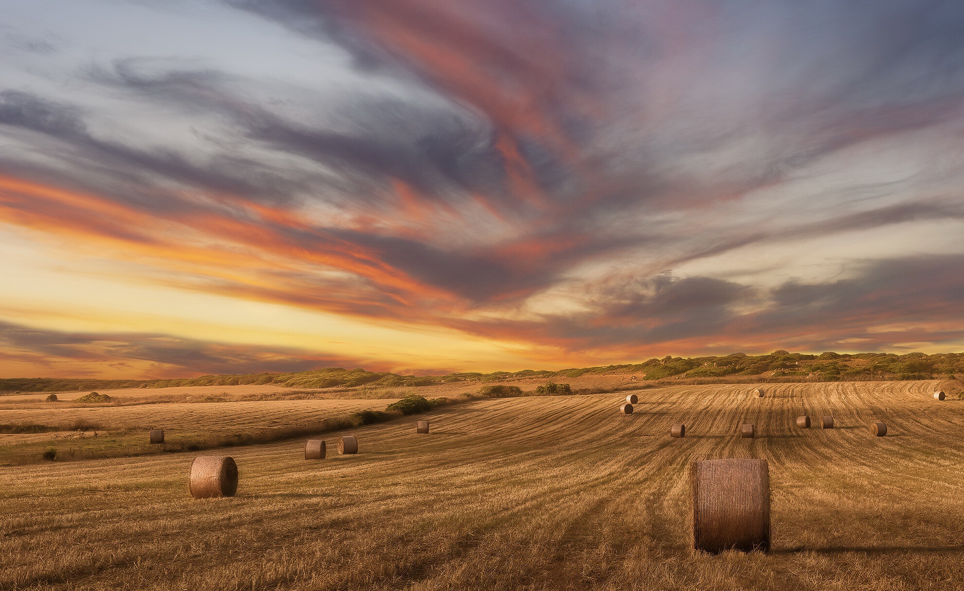 Free download wallpaper Nature, Sunset, Summer, Earth, Field, Haystack on your PC desktop