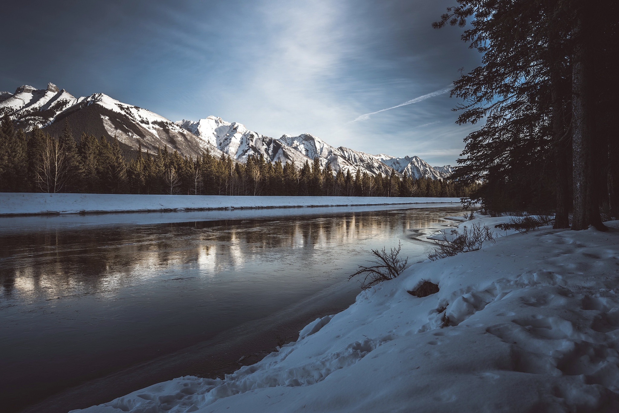 Download mobile wallpaper Winter, Nature, Snow, Mountain, Earth, River for free.