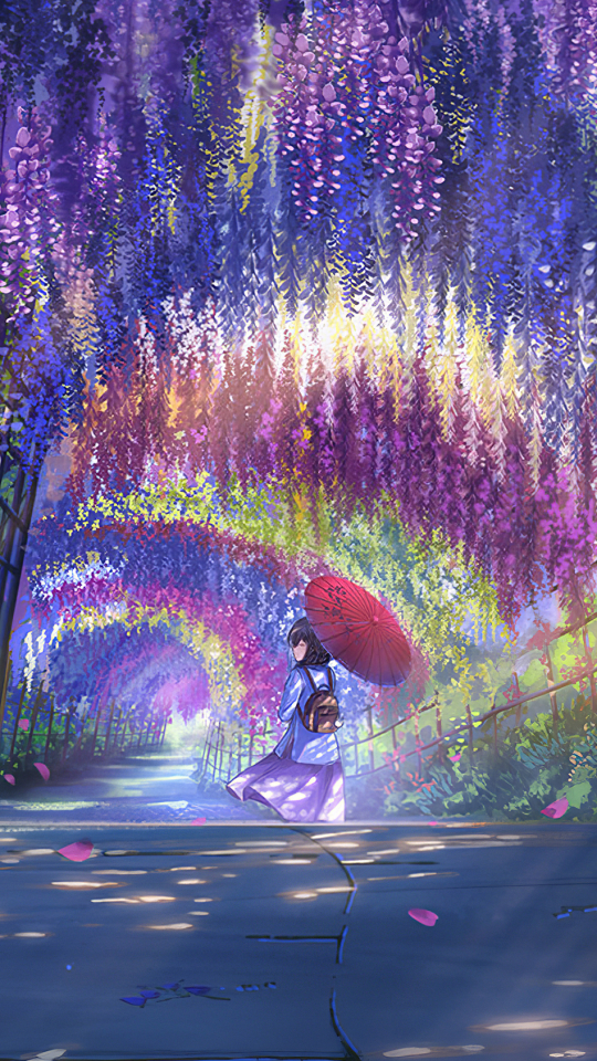Download mobile wallpaper Anime, Girl, Garden, Colorful, Wisteria for free.