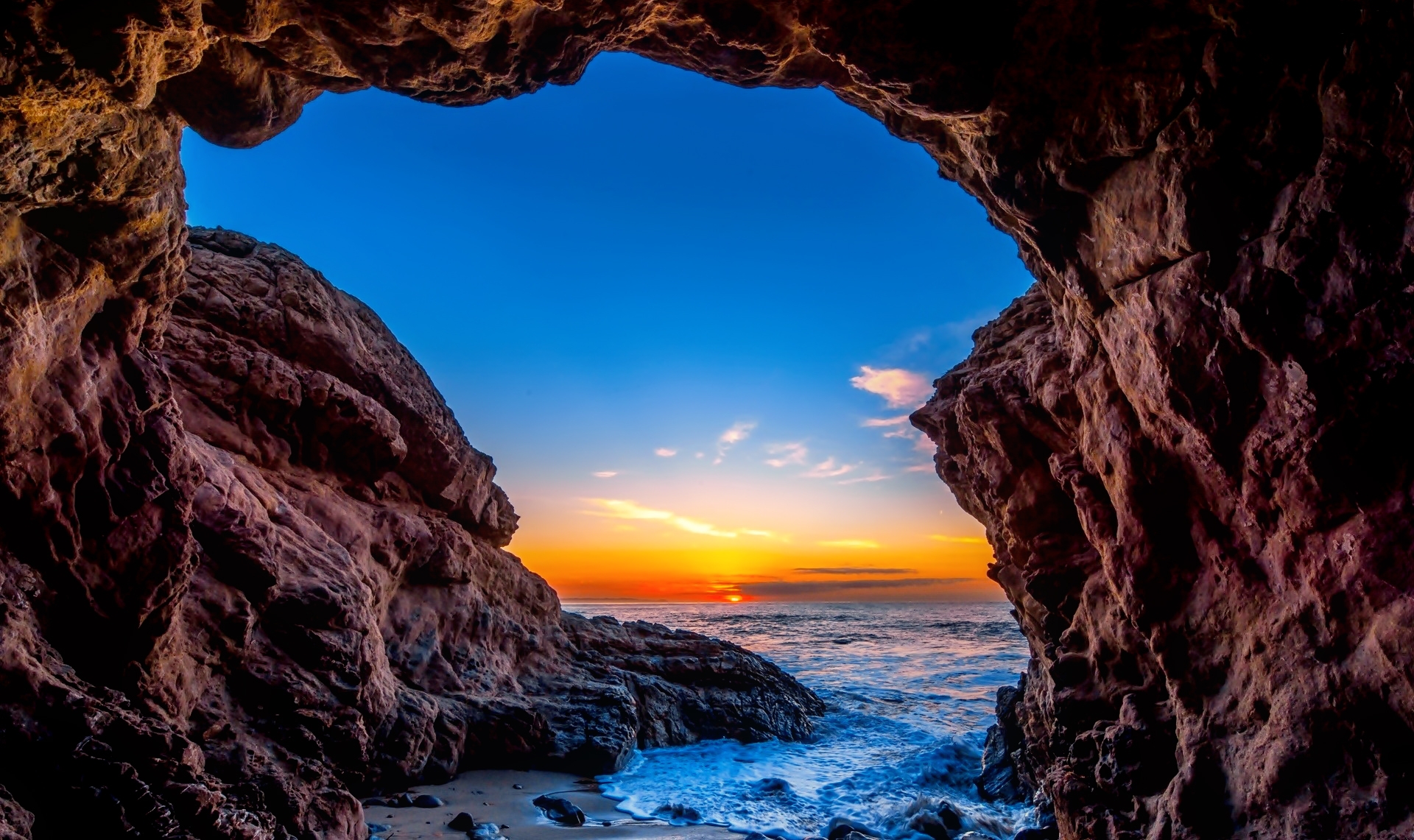 Free download wallpaper Sunset, Sea, Sun, Beach, Caves, Horizon, Ocean, Earth, Cave on your PC desktop