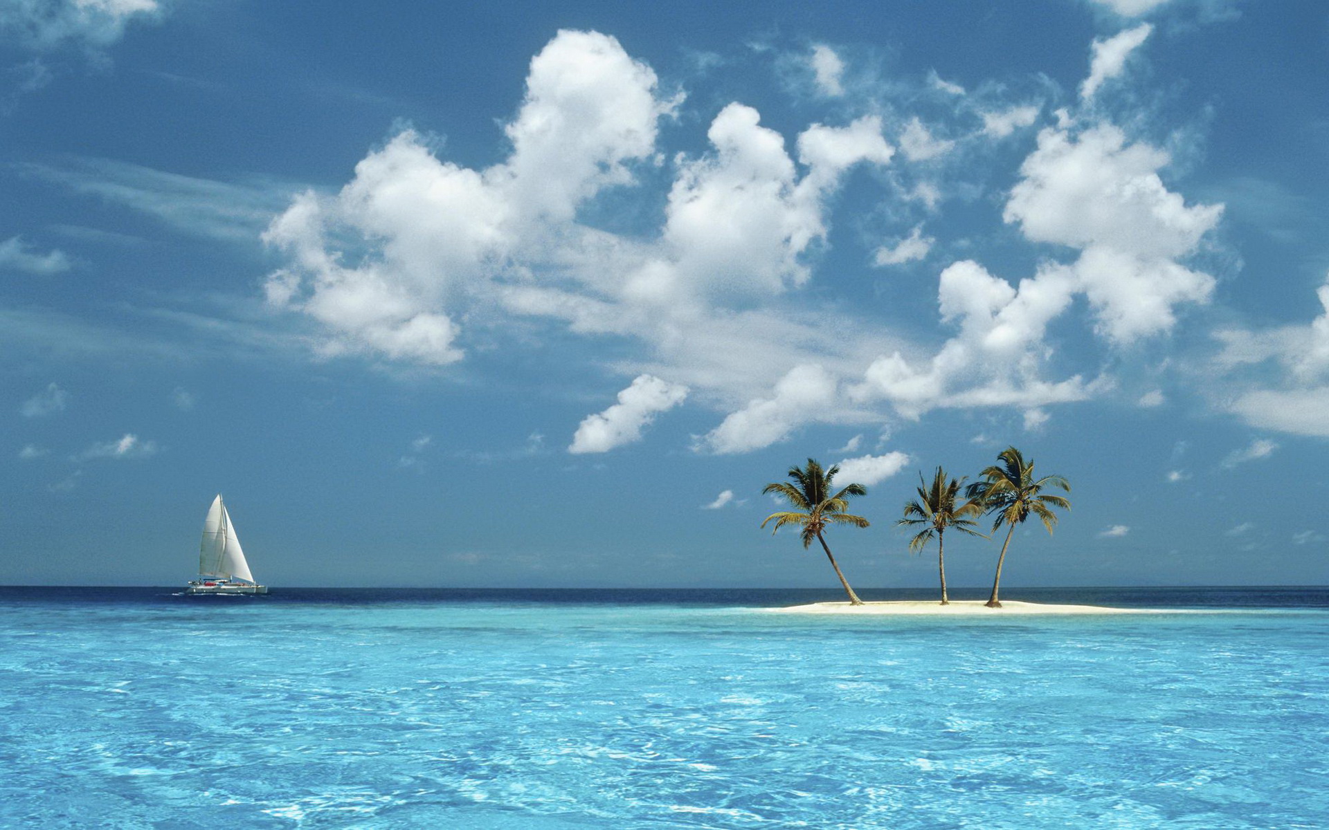 Скачать картинку Океан, Остров, Тропический, Парусная Лодка, Земля/природа в телефон бесплатно.
