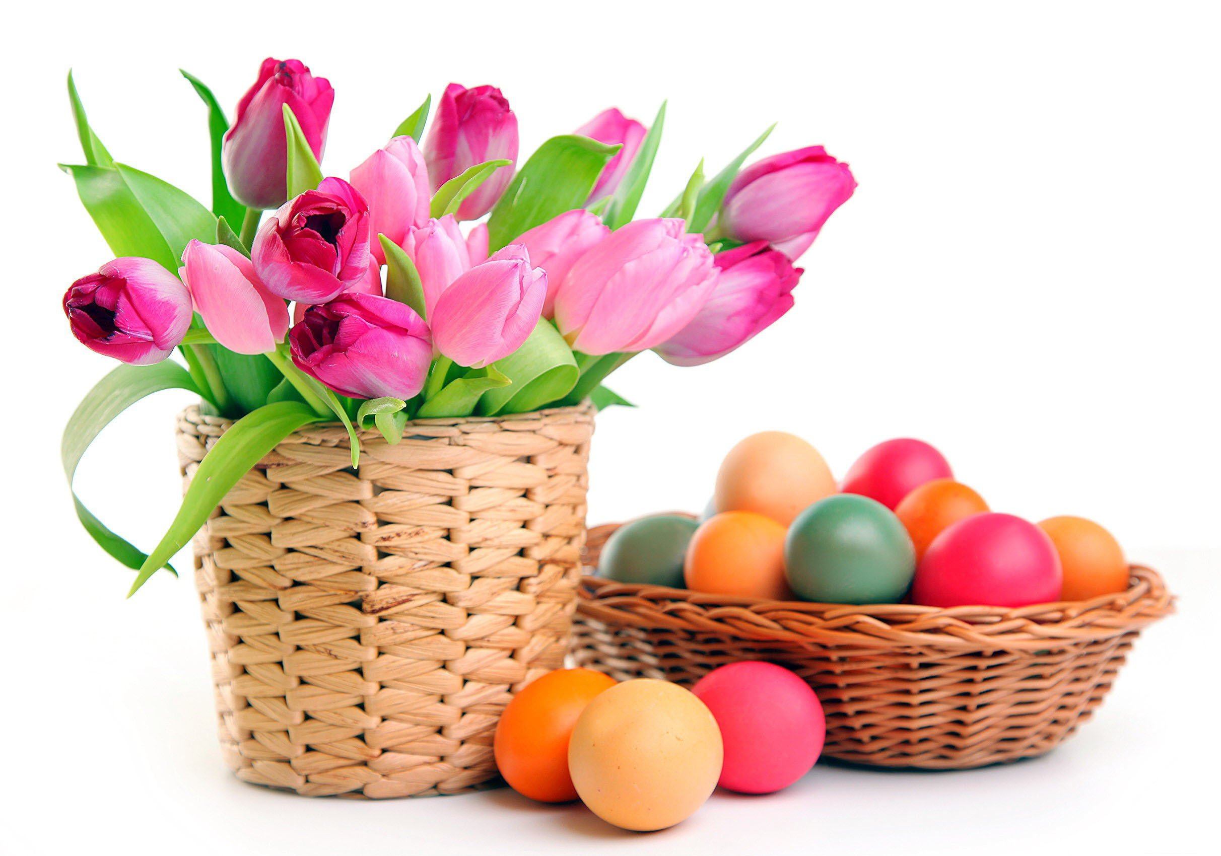 Laden Sie das Feiertage, Ostern, Korb, Tulpe, Pinke Blume, Osterei-Bild kostenlos auf Ihren PC-Desktop herunter