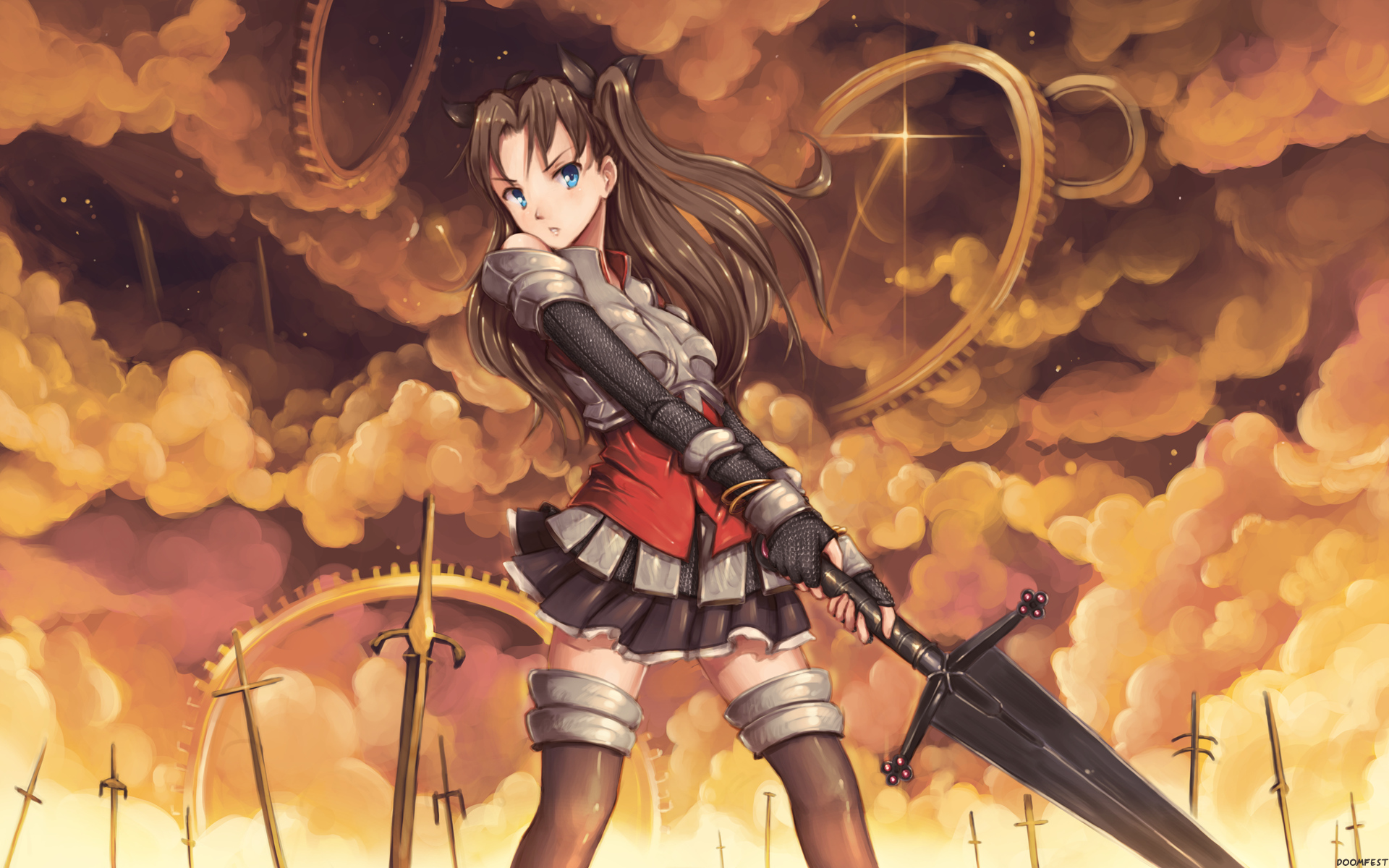 anime, fate/stay night: unlimited blade works, armor, blue eyes, brown hair, fate (series), glove, long hair, rin tohsaka, skirt, sword, thigh highs, weapon, fate series