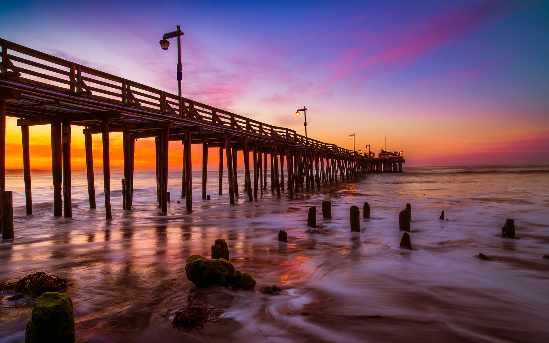 Laden Sie das Horizont, Seebrücke, Ozean, Meer, Sonnenuntergang, Menschengemacht-Bild kostenlos auf Ihren PC-Desktop herunter