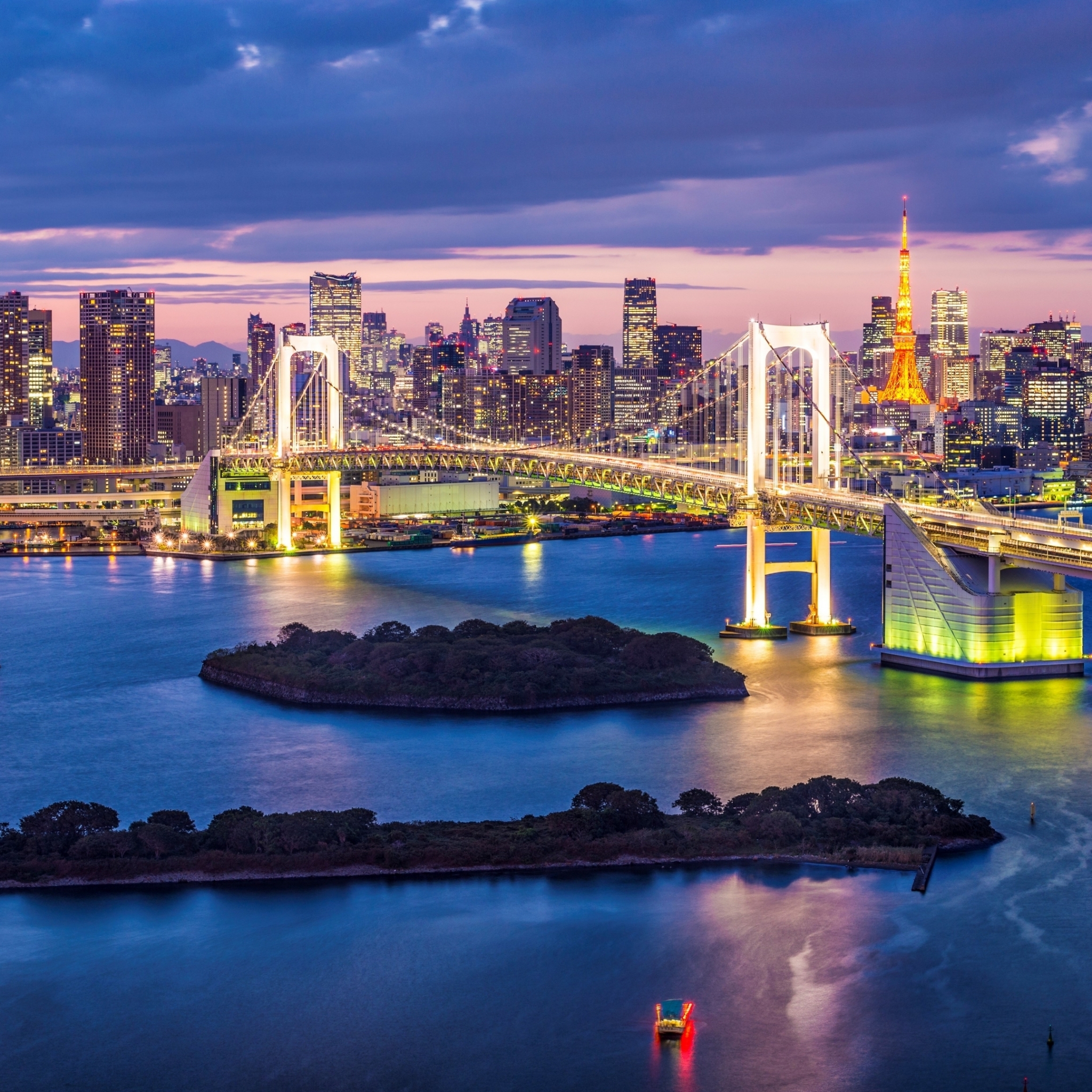 無料モバイル壁紙橋, 街, 建物, 光, ブリッジ, 日本, ベイ, 東京, 小島, スカイライン, レインボーブリッジ, マンメイド, 東京湾をダウンロードします。