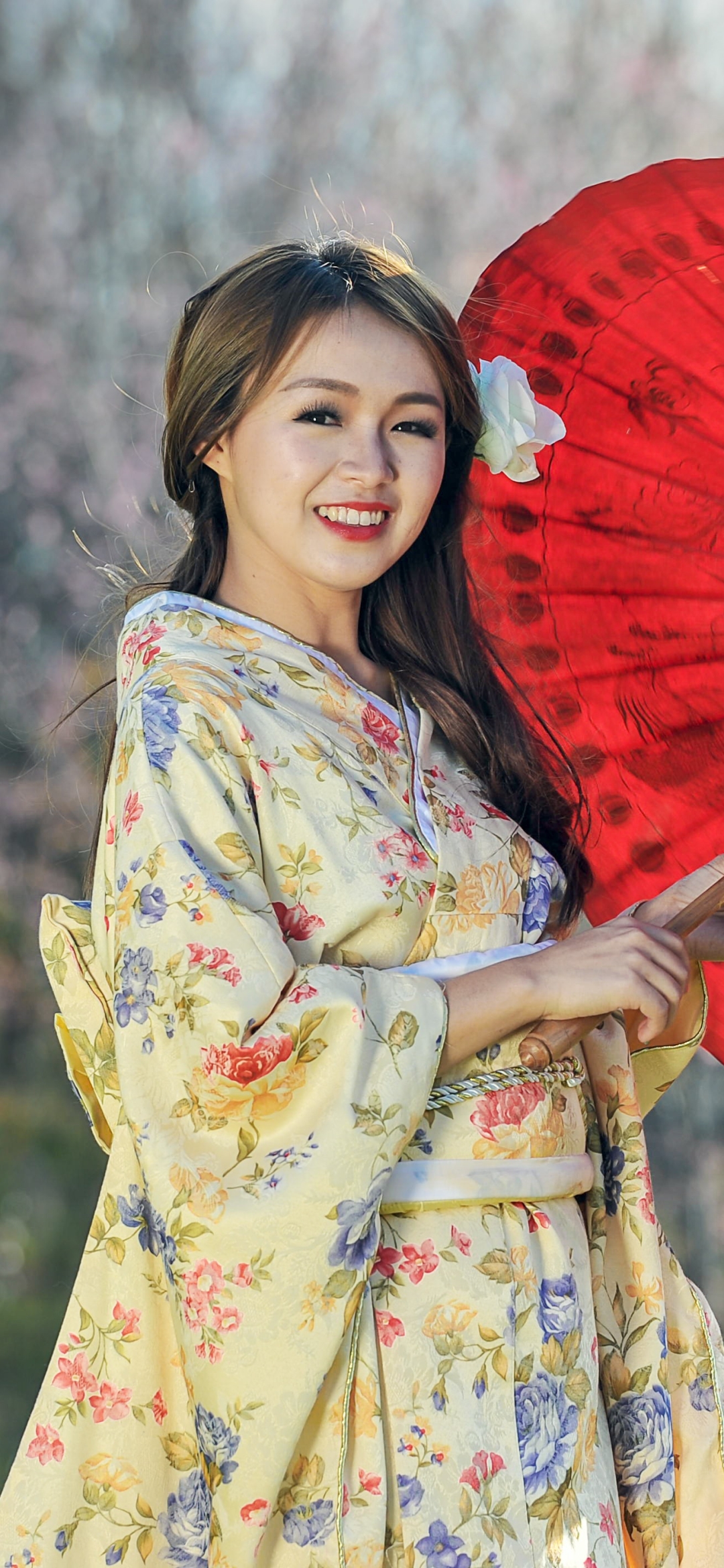 Download mobile wallpaper Smile, Umbrella, Kimono, Brunette, Model, Women, Asian, Long Hair for free.