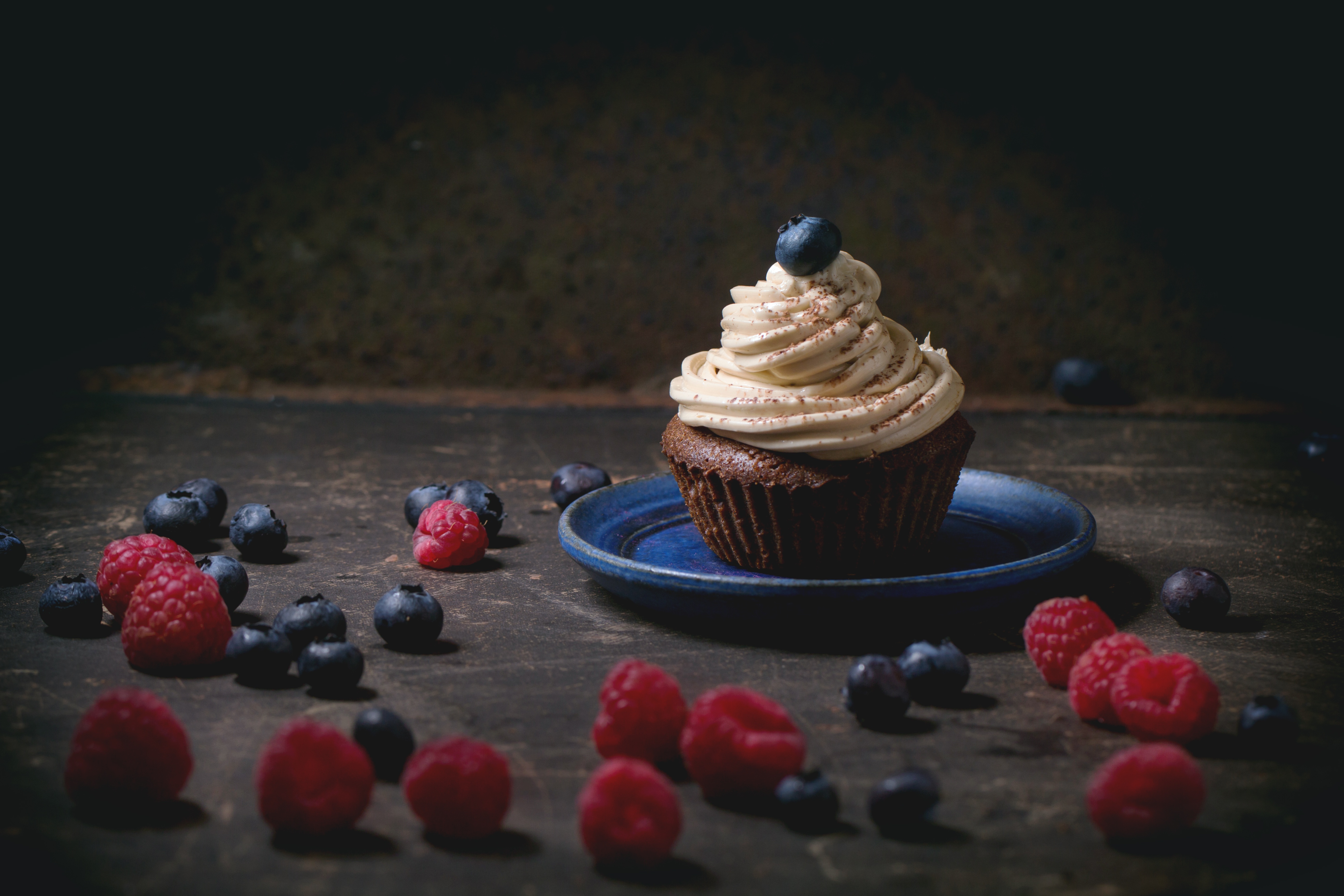 Download mobile wallpaper Food, Dessert, Blueberry, Raspberry, Still Life, Cream, Berry, Fruit, Cupcake for free.