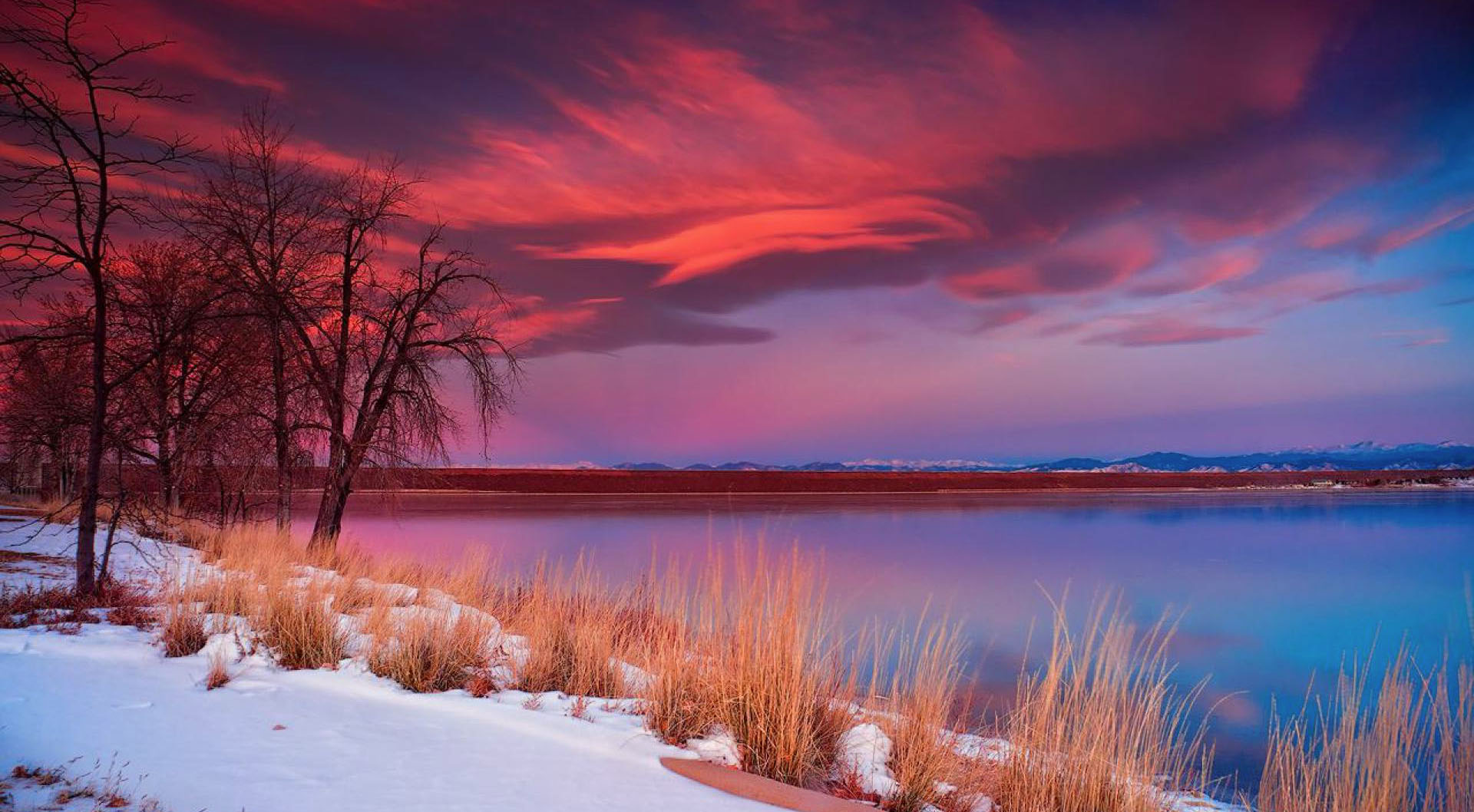 Téléchargez gratuitement l'image Lac, Terre, L'hiver, Terre/nature, Neiger, Le Coucher Du Soleil sur le bureau de votre PC