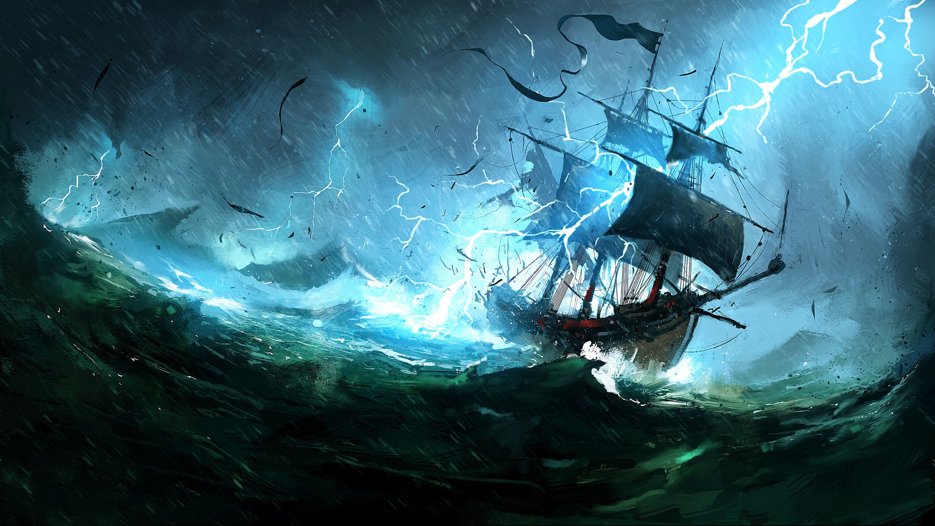 Download mobile wallpaper Fantasy, Lightning, Ship for free.