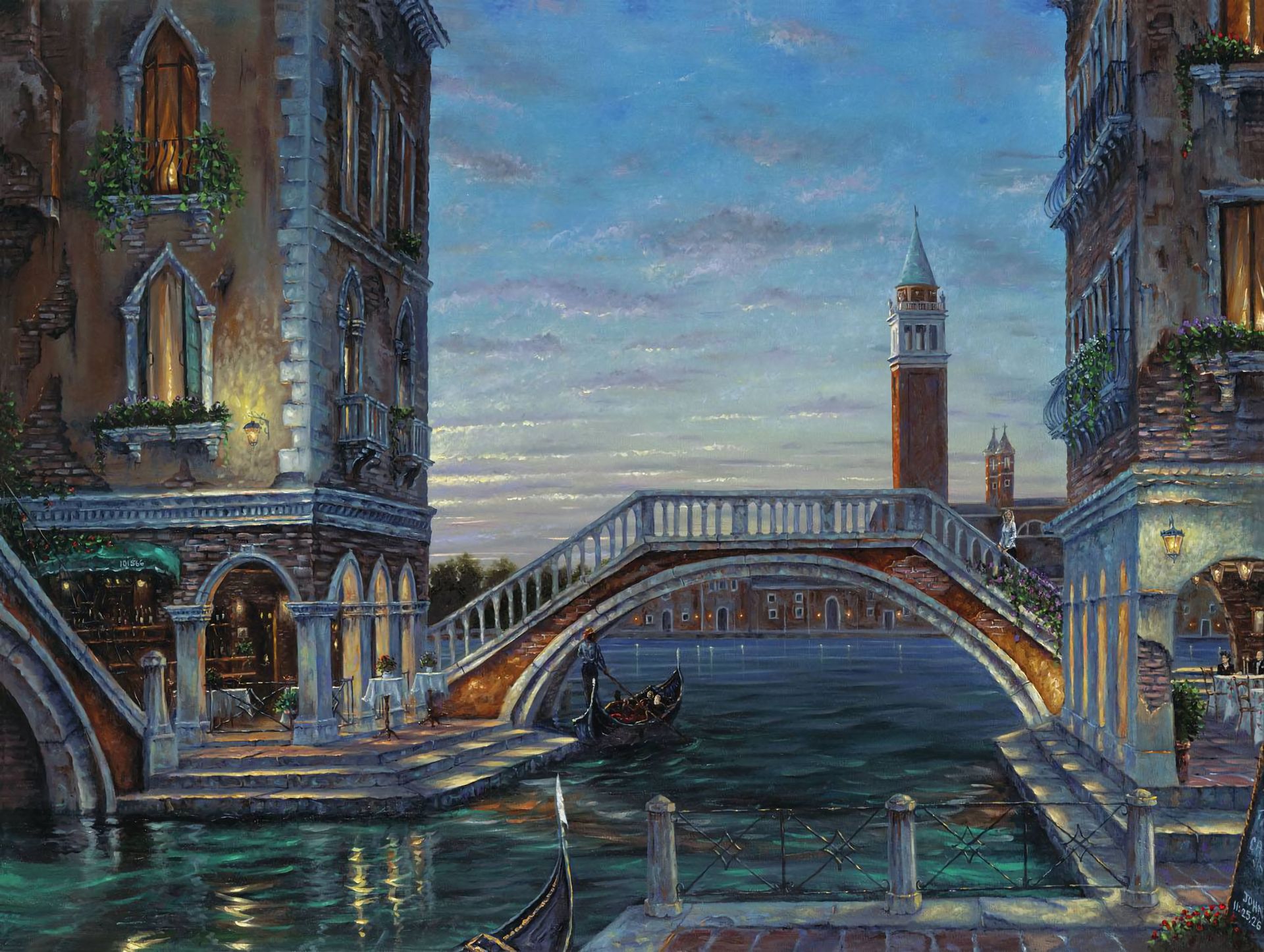 Скачать обои бесплатно Венеция, Мост, Лодка, Здание, Картина, Канал, Художественные картинка на рабочий стол ПК