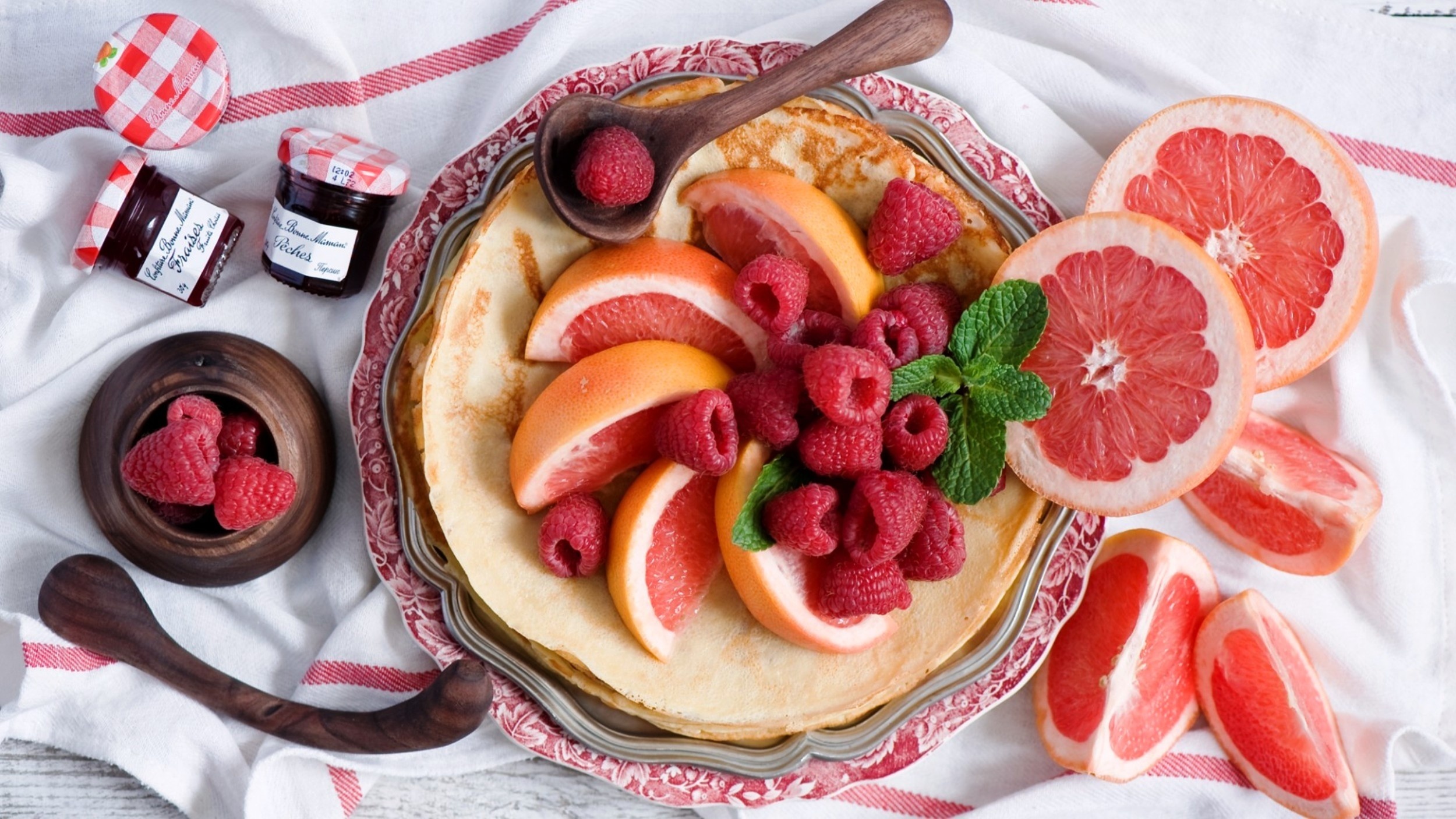 food, pancake, breakfast, grapefruit, jam, raspberry
