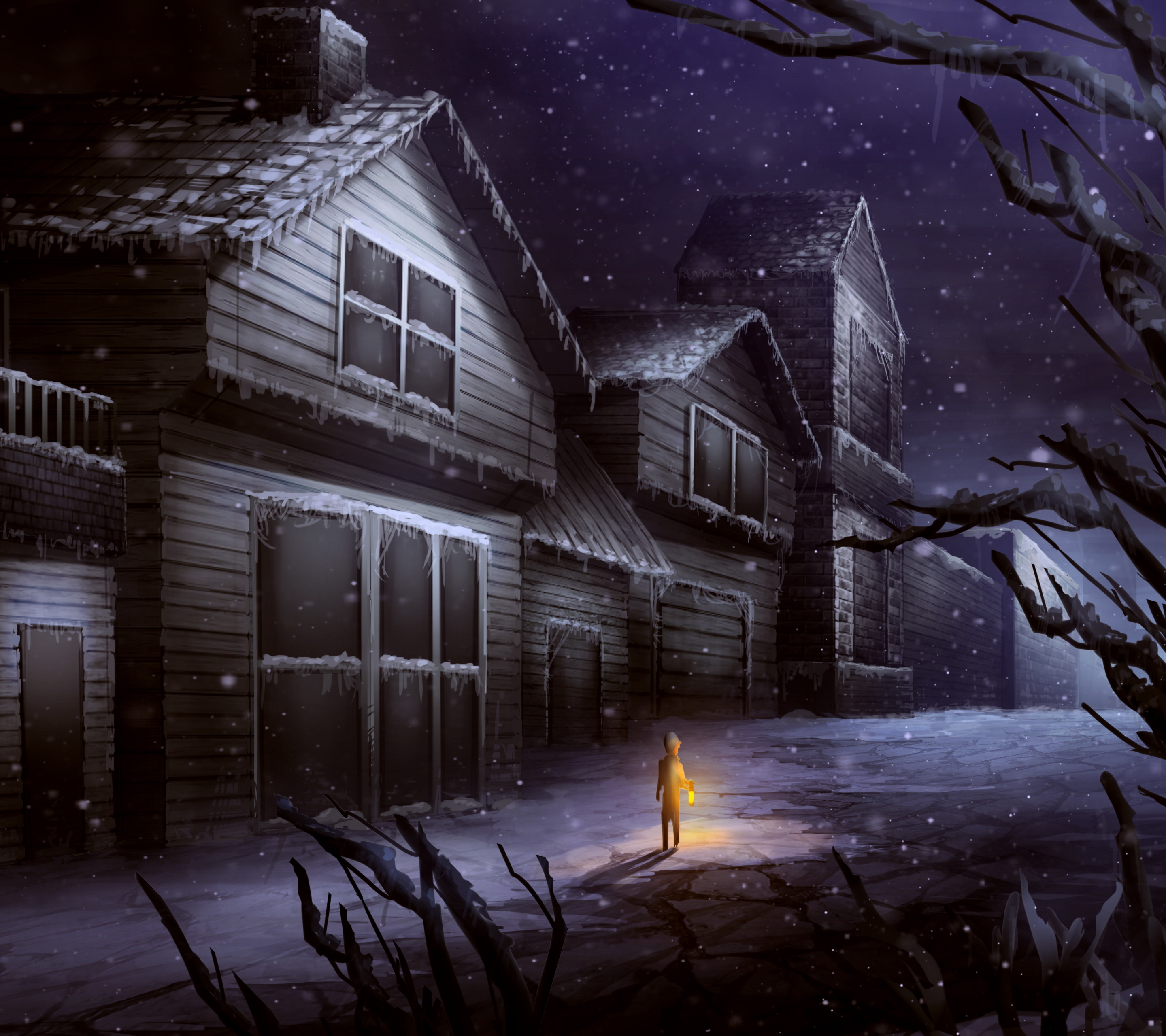 Download mobile wallpaper Winter, Fantasy, Night, Dark, House, Alone for free.
