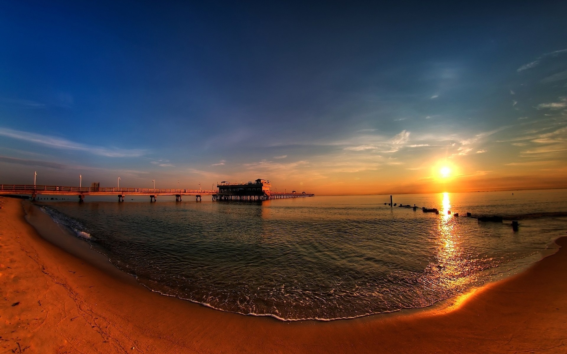 Free download wallpaper Sunset, Beach, Pier, Ocean, Photography on your PC desktop